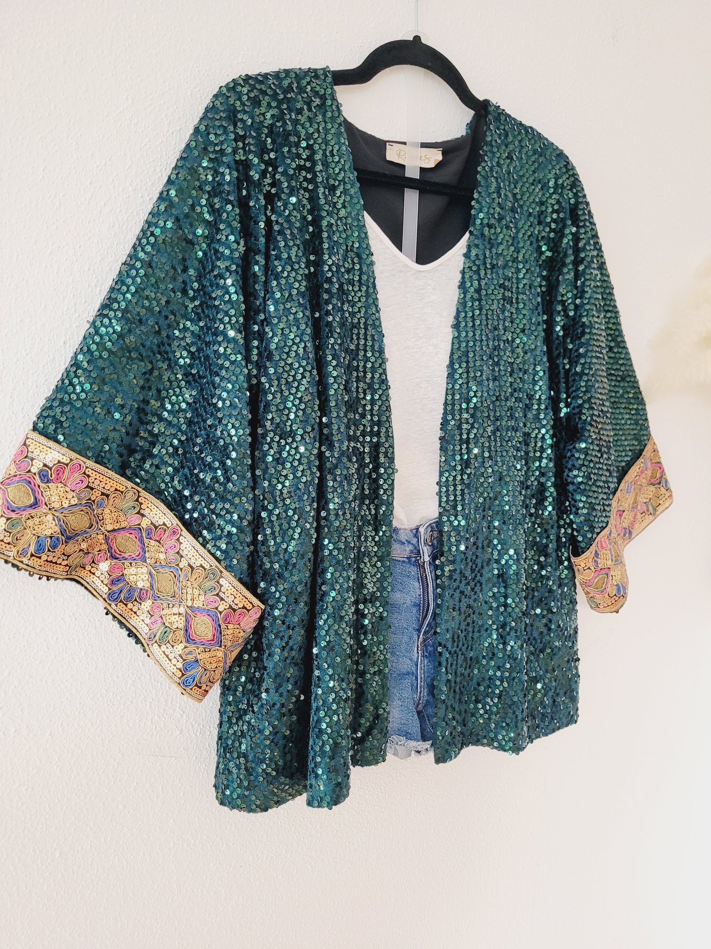 Unisex customized pink sequin velvet cardigan, oversized party jacket, green glittery blazer, plus size sequin cardigan with Indian trim