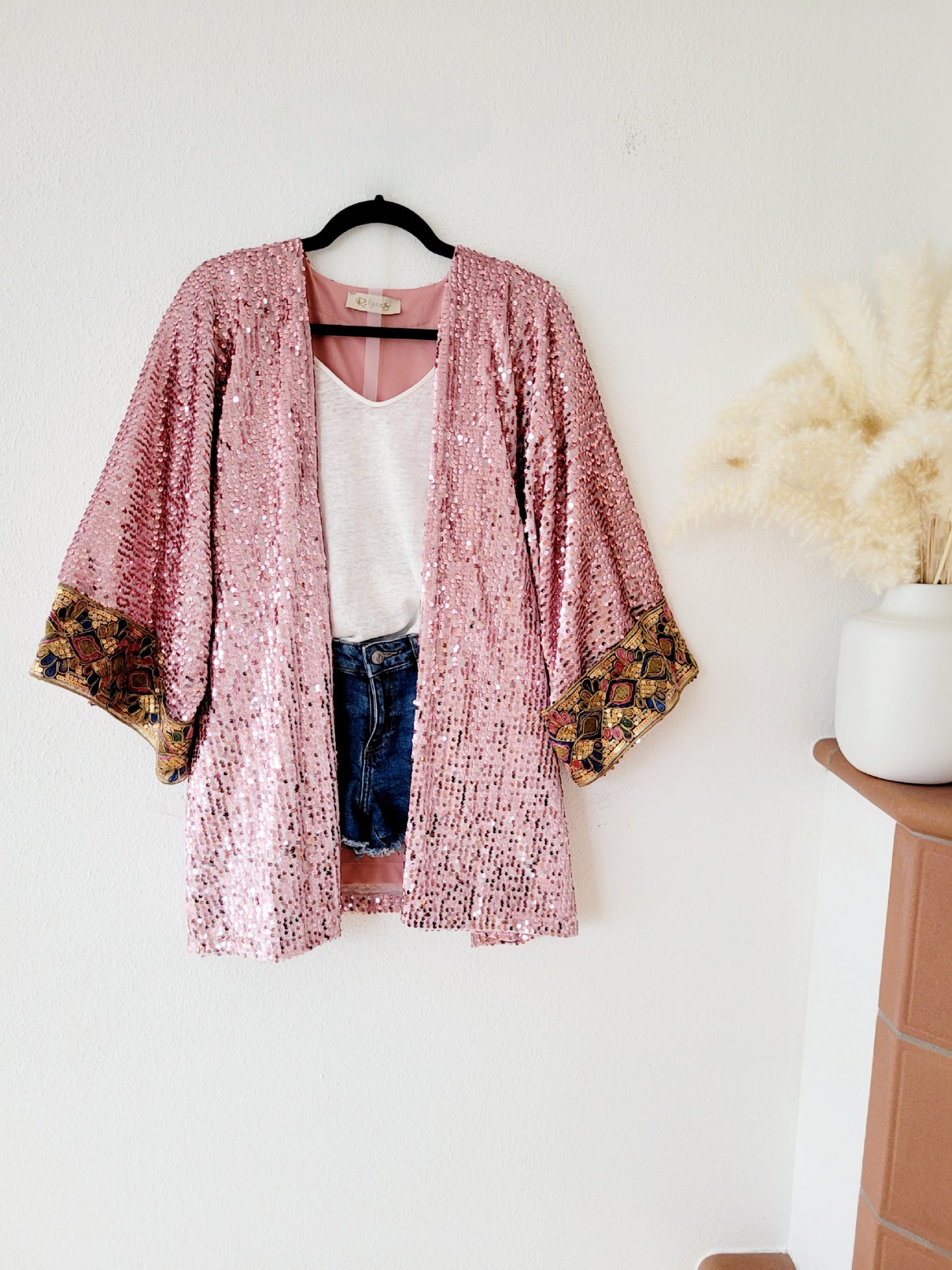 Unisex customized pink sequin velvet cardigan, oversized party jacket, green glittery blazer, plus size sequin cardigan with Indian trim