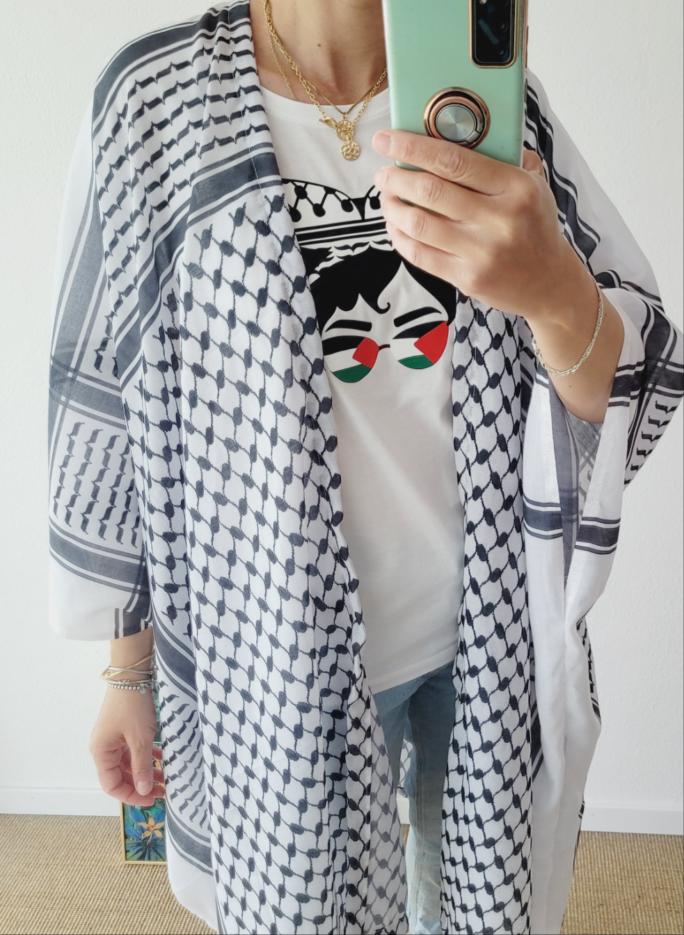 Unisex Palästina Print Langer Cardigan, Kuffiya Kimono