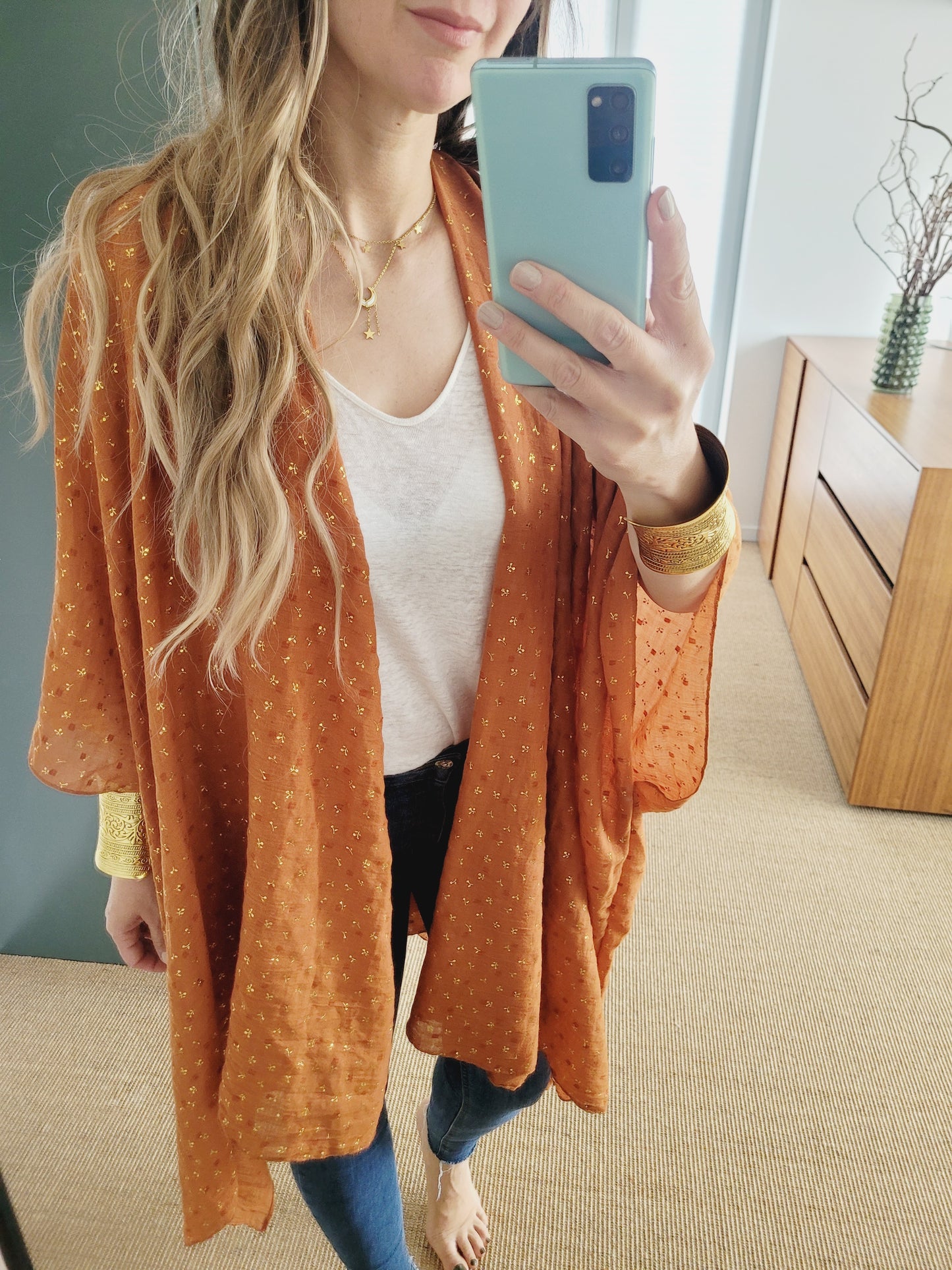 Boho Kimono Cardigan in Rost mit Goldprint – Leicht & Indisch inspiriert