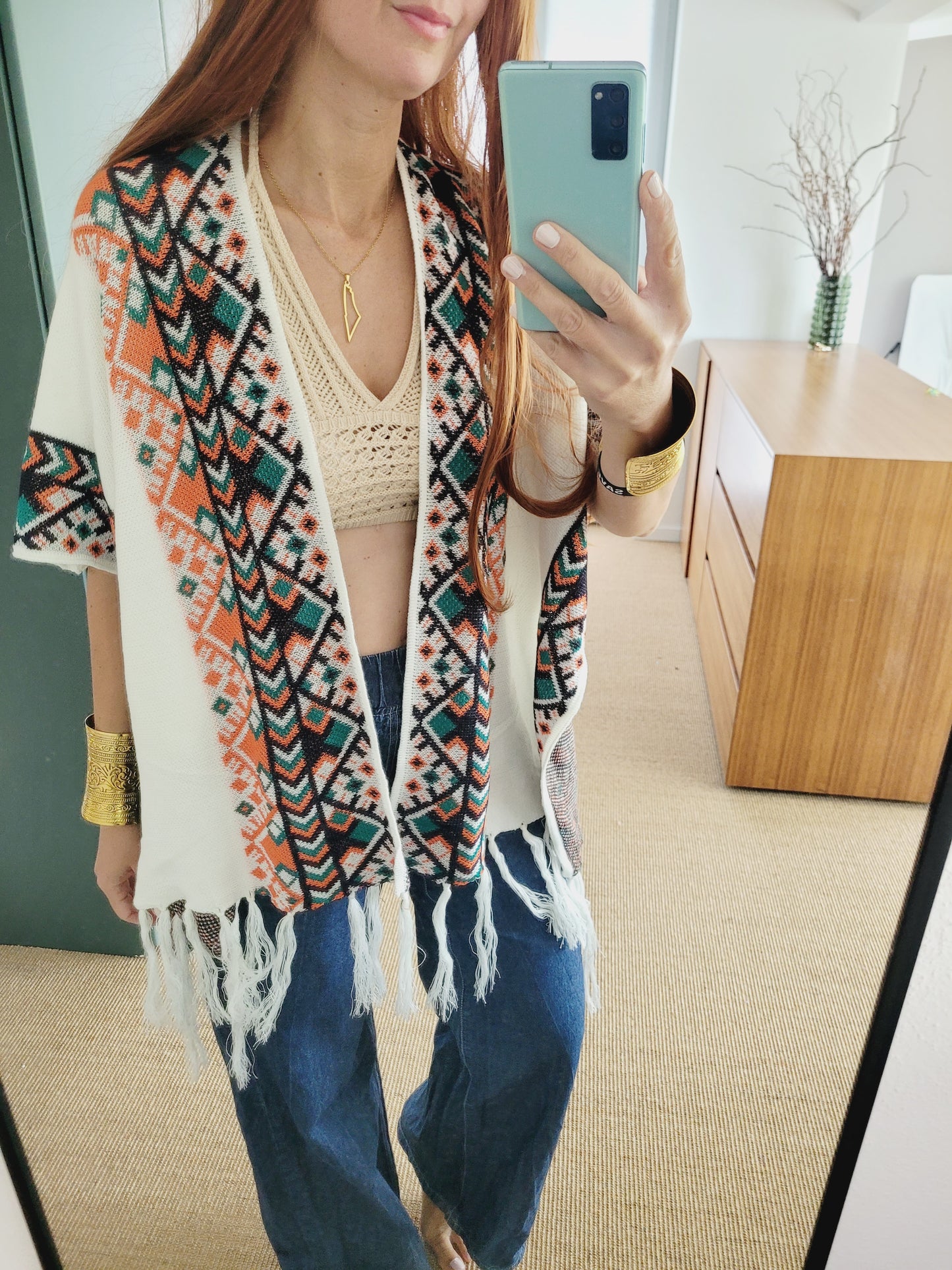 Ethno Muster Poncho – Weicher Überwurf, Onesize, Herbst/Winter – Boho Cape mit Fransen
