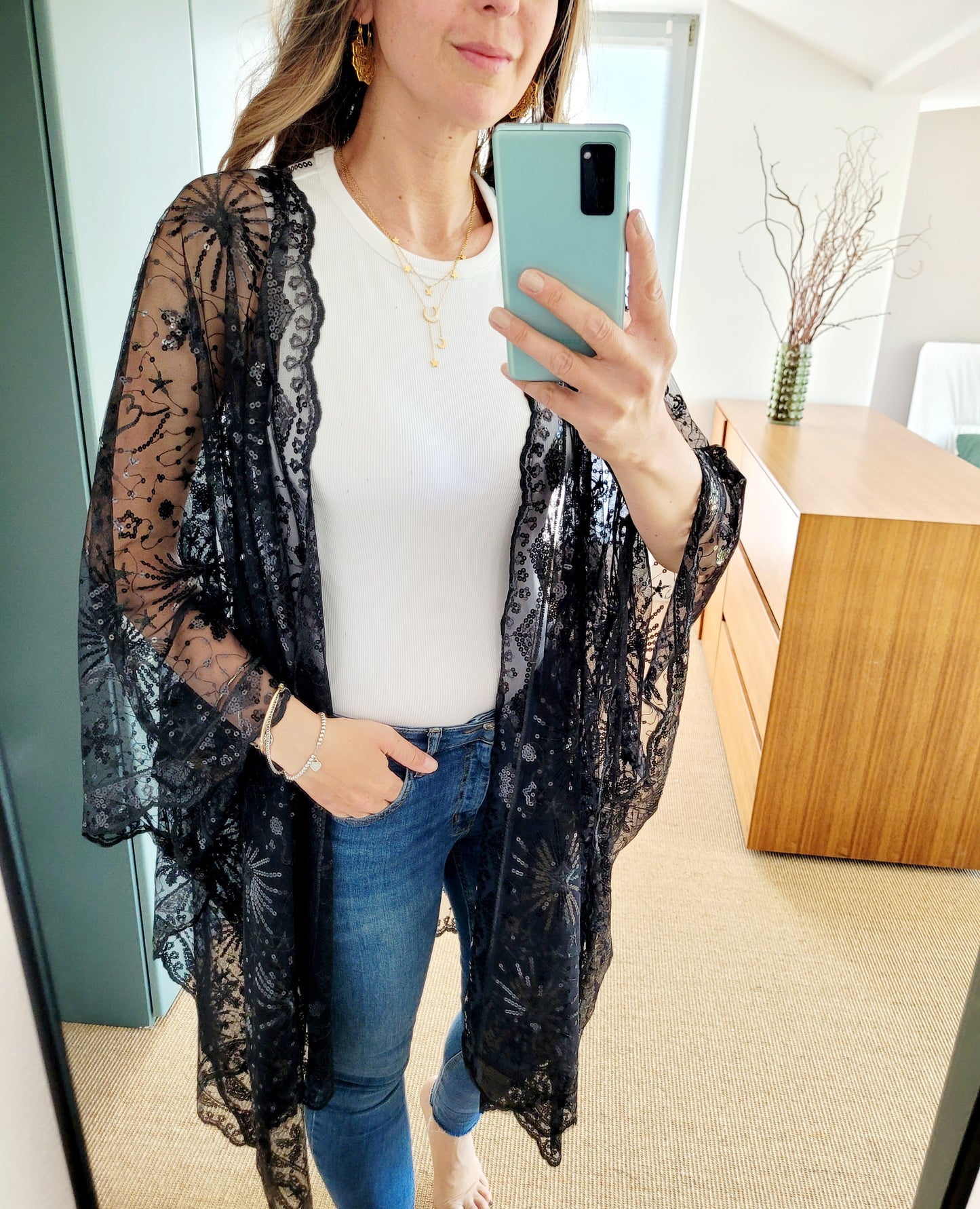 Celestial Glitzer Kimono – gold Sequin Boho Cardigan