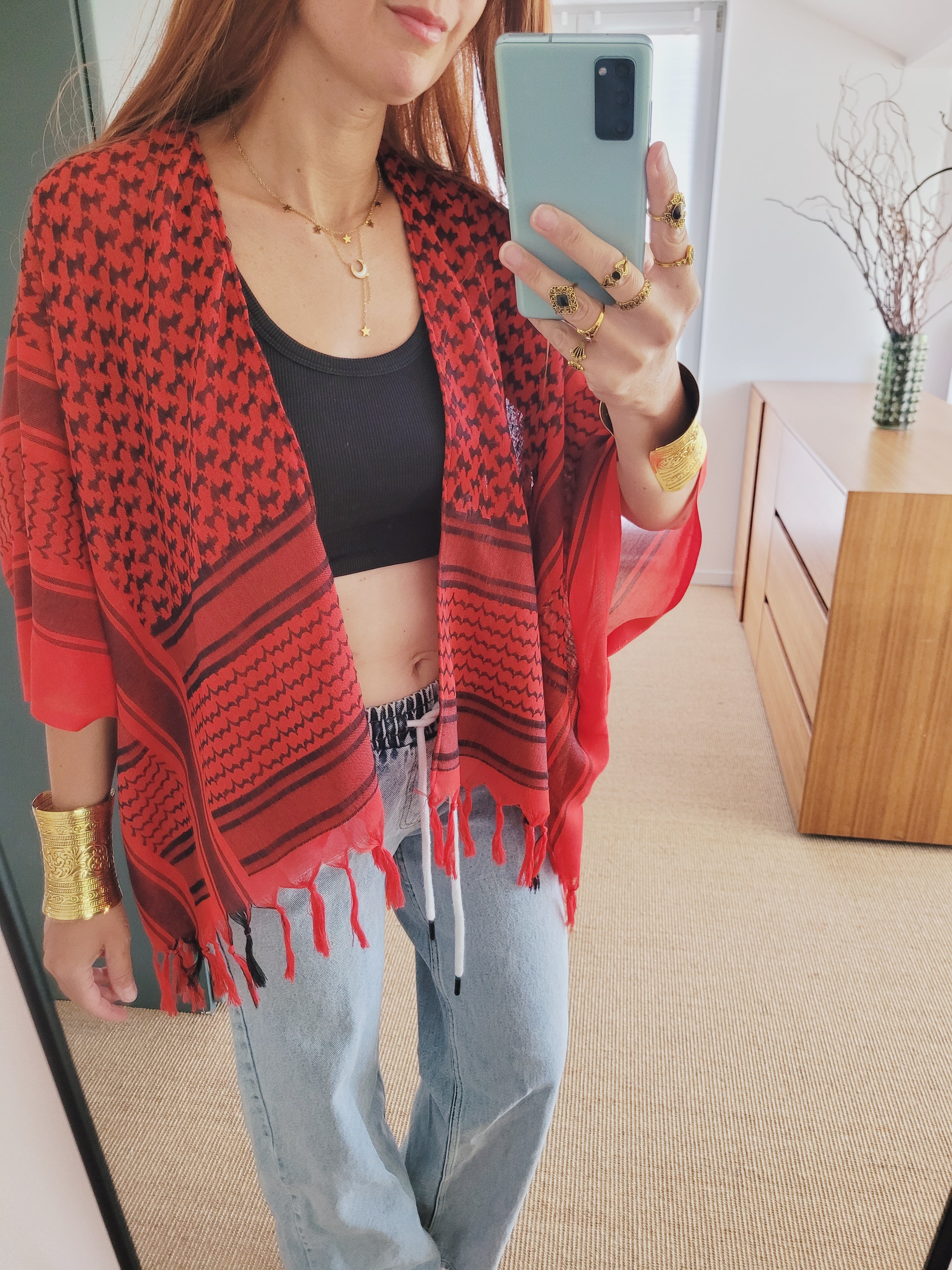 Unisex Palästina Print Langer Cardigan, Kuffiya Kimono