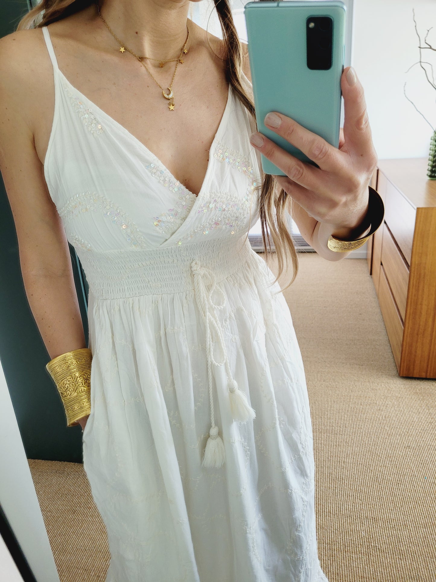 Boho Sommerkleid mit Pailletten – Baumwolle, Weiß/Aqua/Babyblau – Größen S bis XL