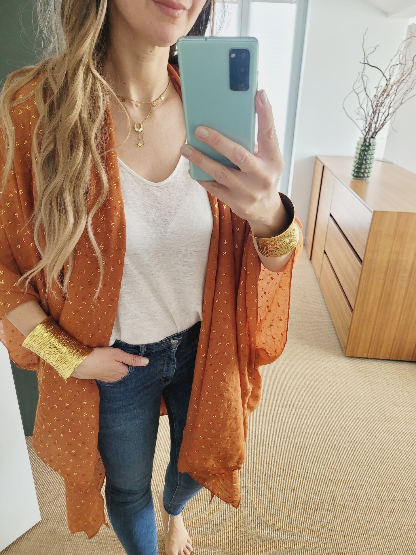 Boho Kimono Cardigan in Rost mit Goldprint – Leicht & Indisch inspiriert