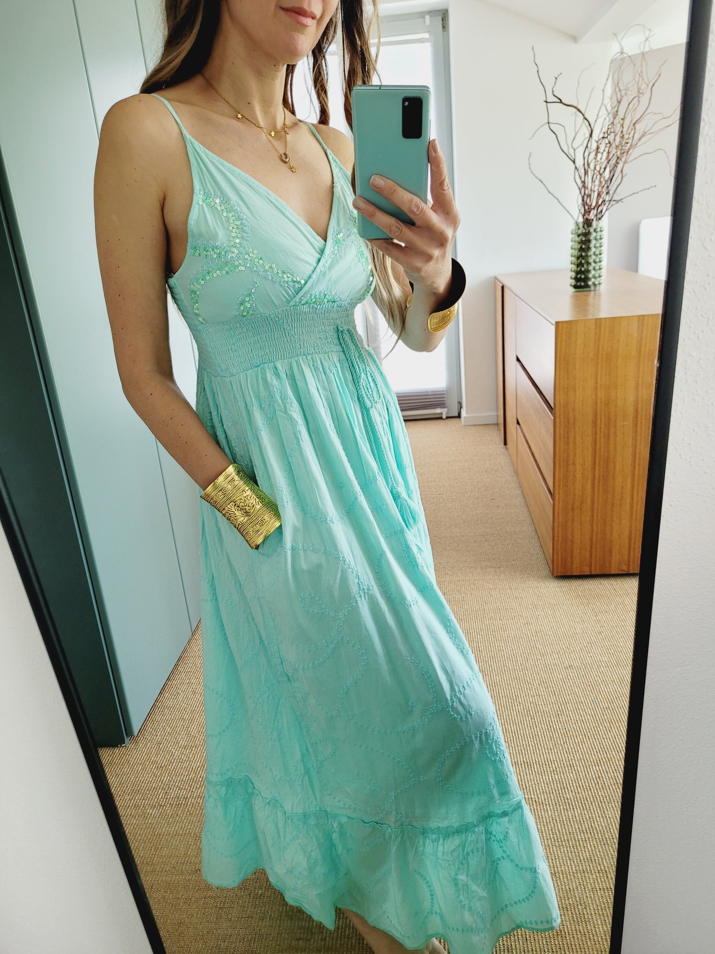 Boho Sommerkleid mit Pailletten – Baumwolle, Weiß/Aqua/Babyblau – Größen S bis XL