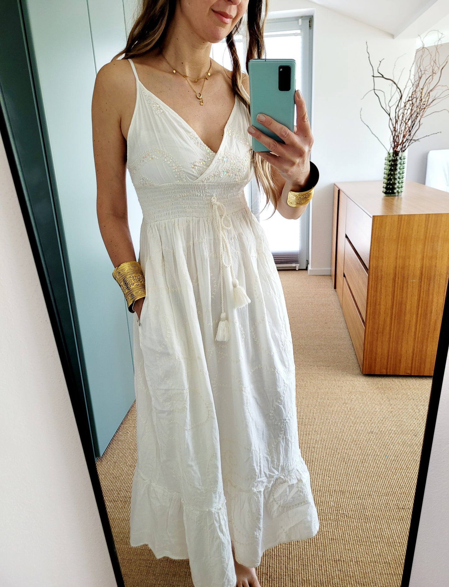 Boho Sommerkleid mit Pailletten – Baumwolle, Weiß/Aqua/Babyblau – Größen S bis XL