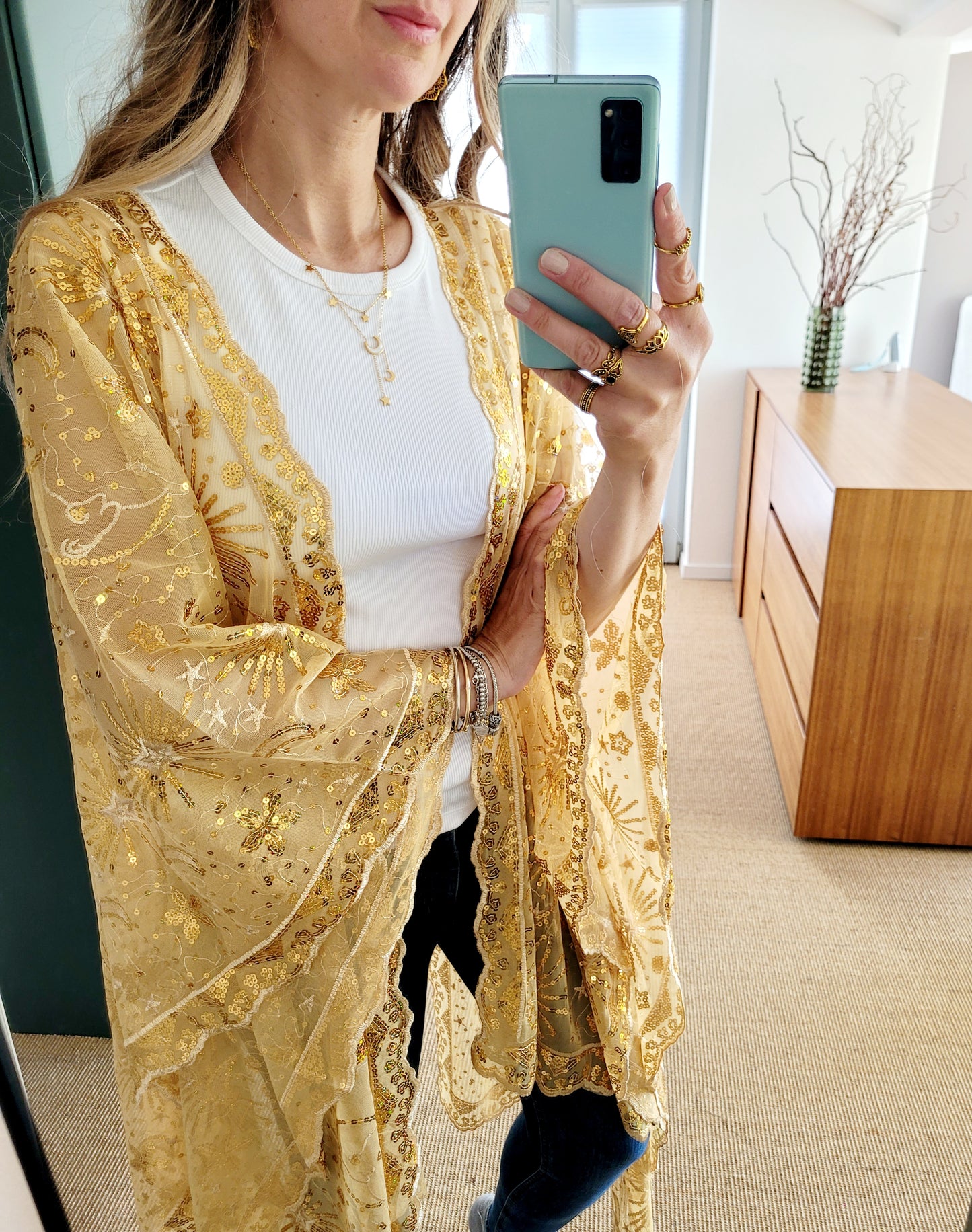 Celestial Glitzer Kimono – gold Sequin Boho Cardigan
