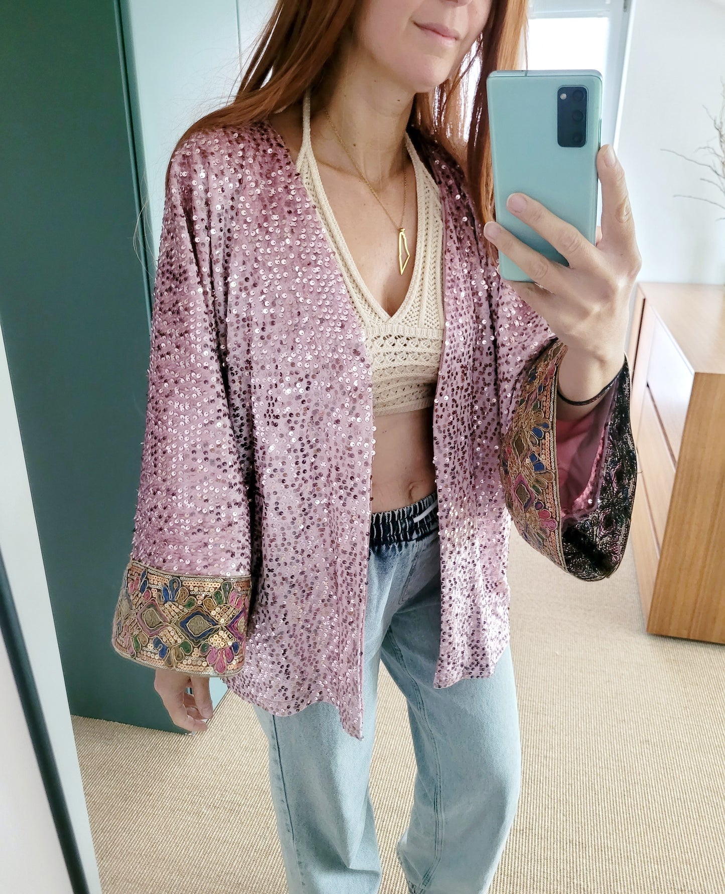 Unisex customized pink sequin velvet cardigan, oversized party jacket, green glittery blazer, plus size sequin cardigan with Indian trim