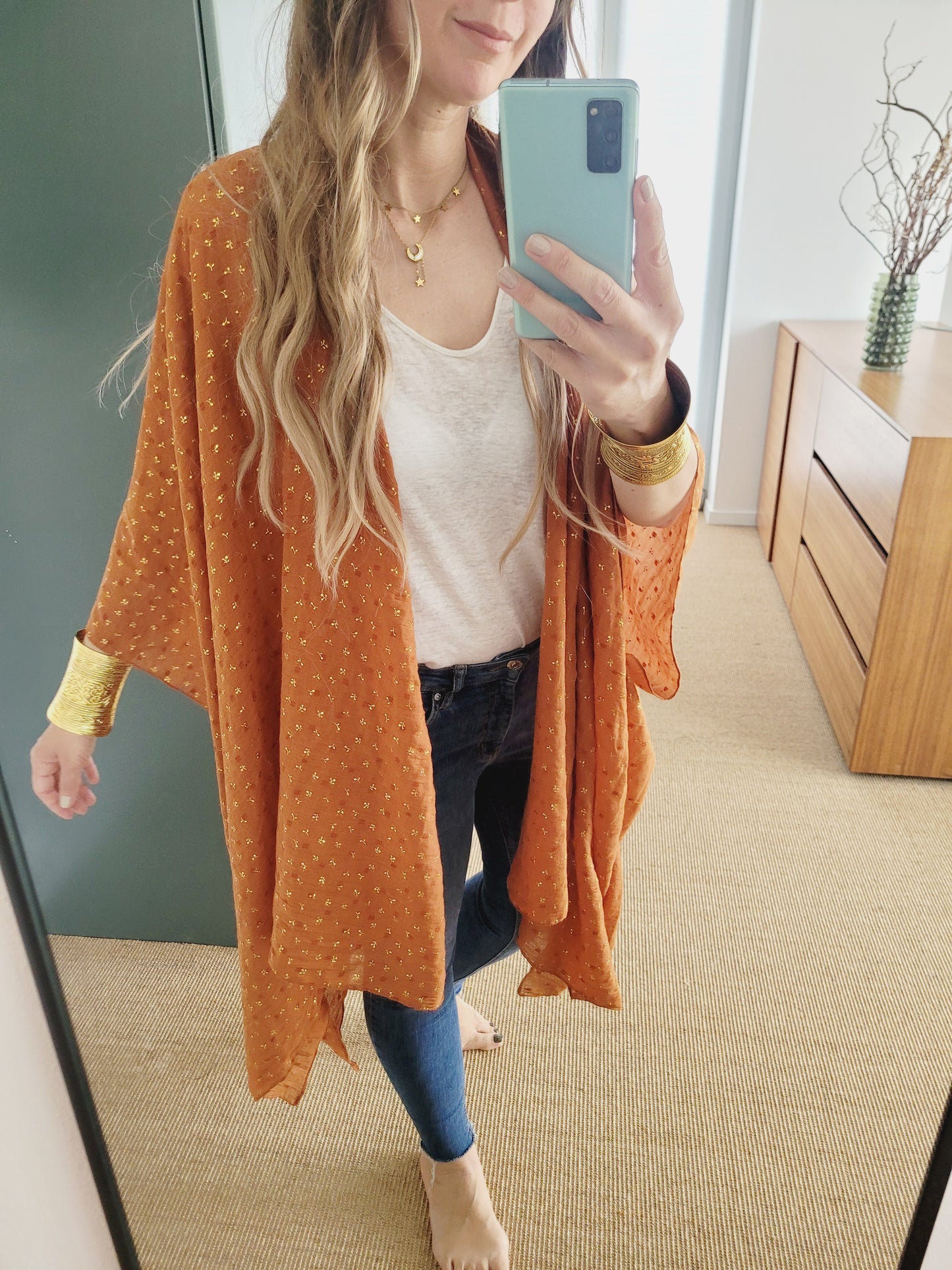 Boho Kimono Cardigan in Rost mit Goldprint – Leicht & Indisch inspiriert