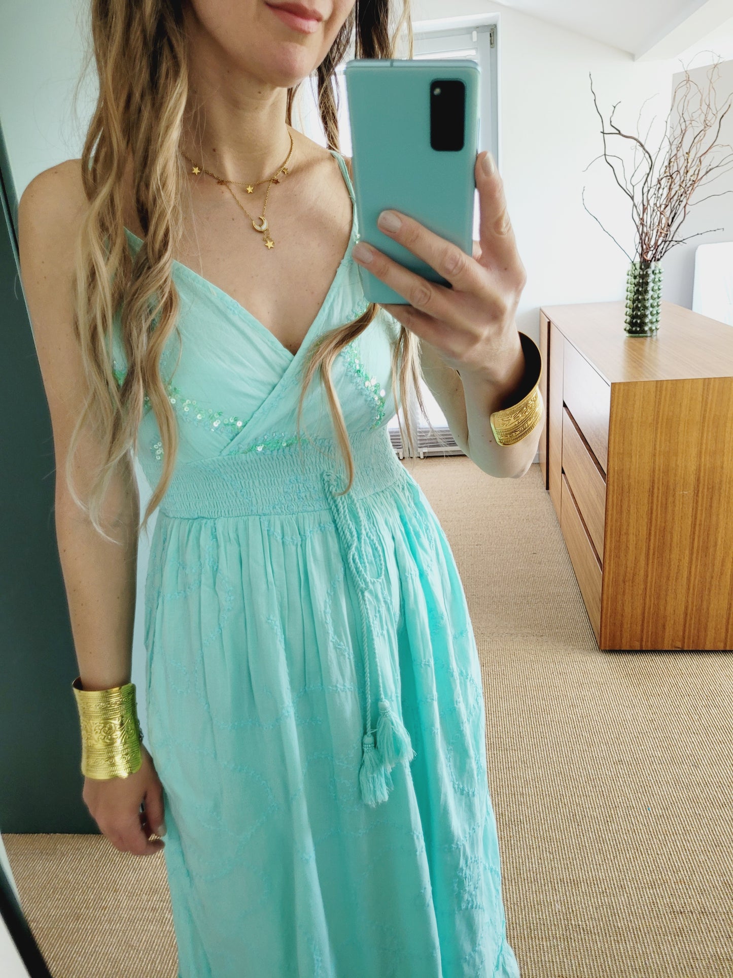 Boho Sommerkleid mit Pailletten – Baumwolle, Weiß/Aqua/Babyblau – Größen S bis XL