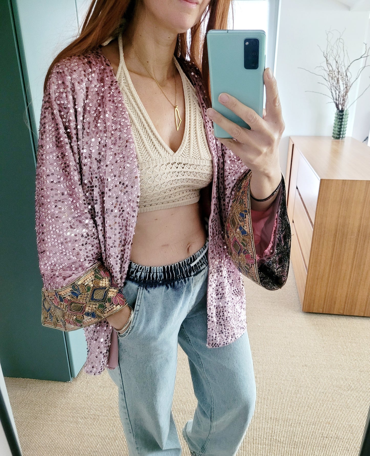 Unisex customized pink sequin velvet cardigan, oversized party jacket, green glittery blazer, plus size sequin cardigan with Indian trim