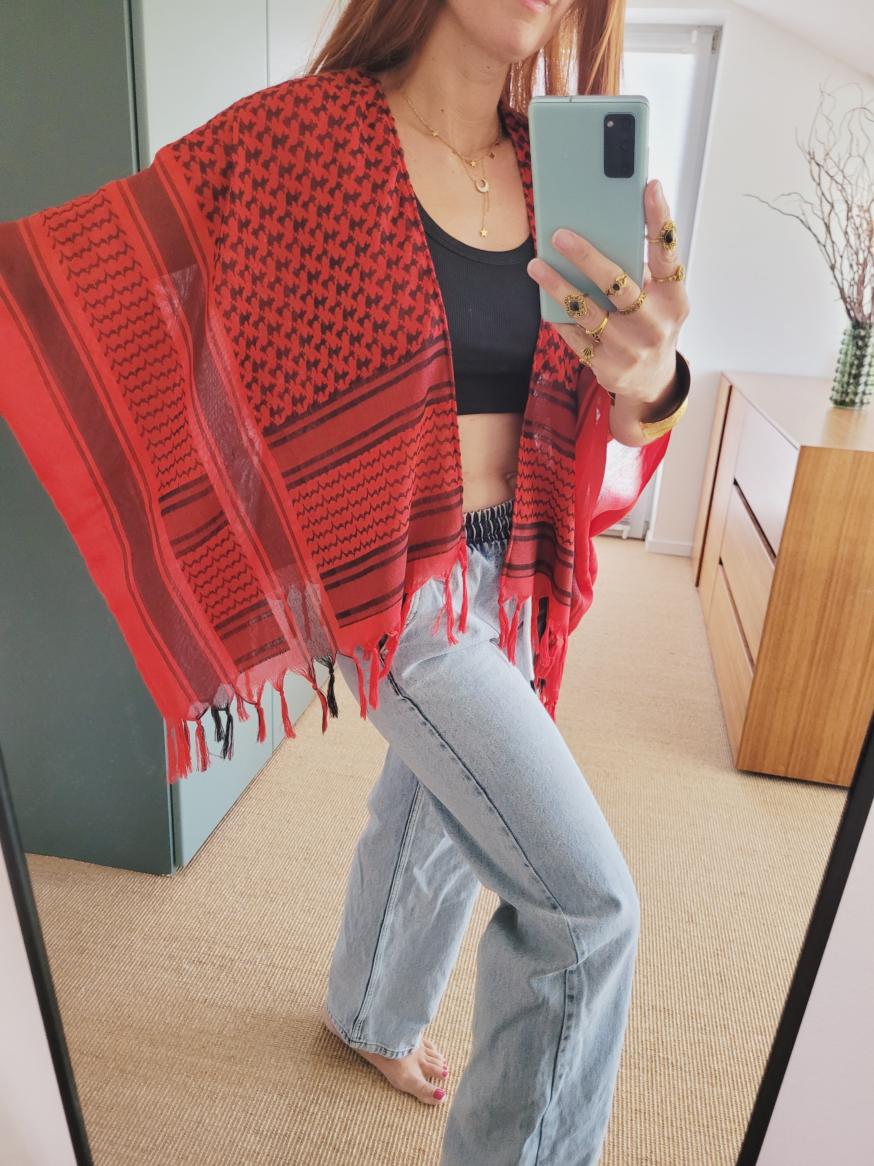 Unisex Palästina Print Langer Cardigan, Kuffiya Kimono