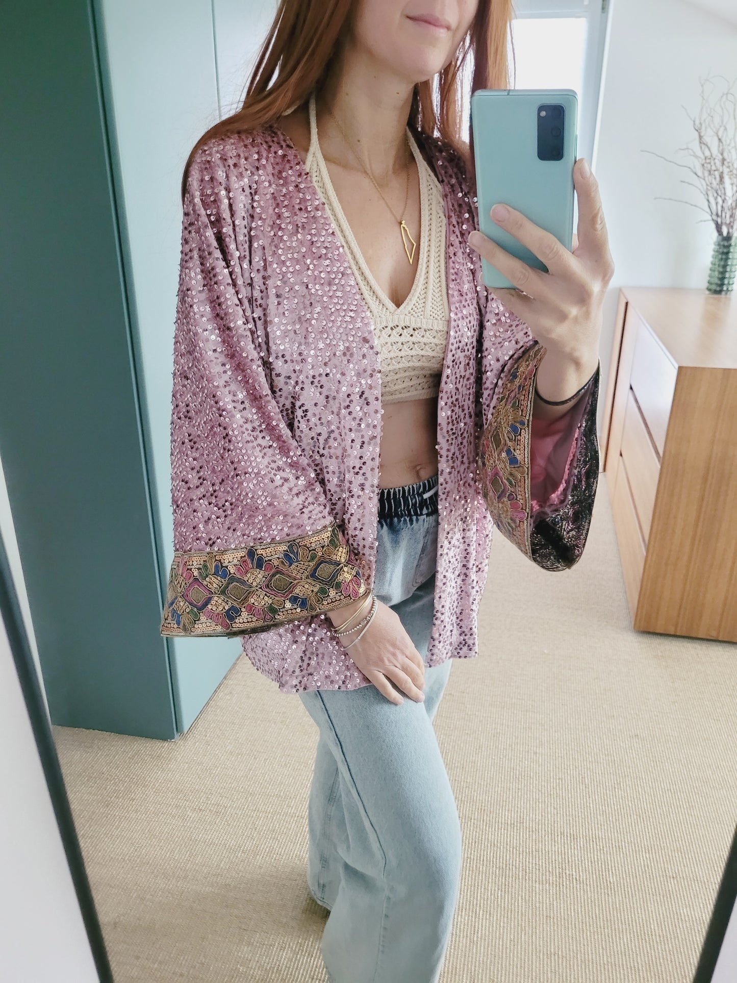 Unisex customized pink sequin velvet cardigan, oversized party jacket, green glittery blazer, plus size sequin cardigan with Indian trim
