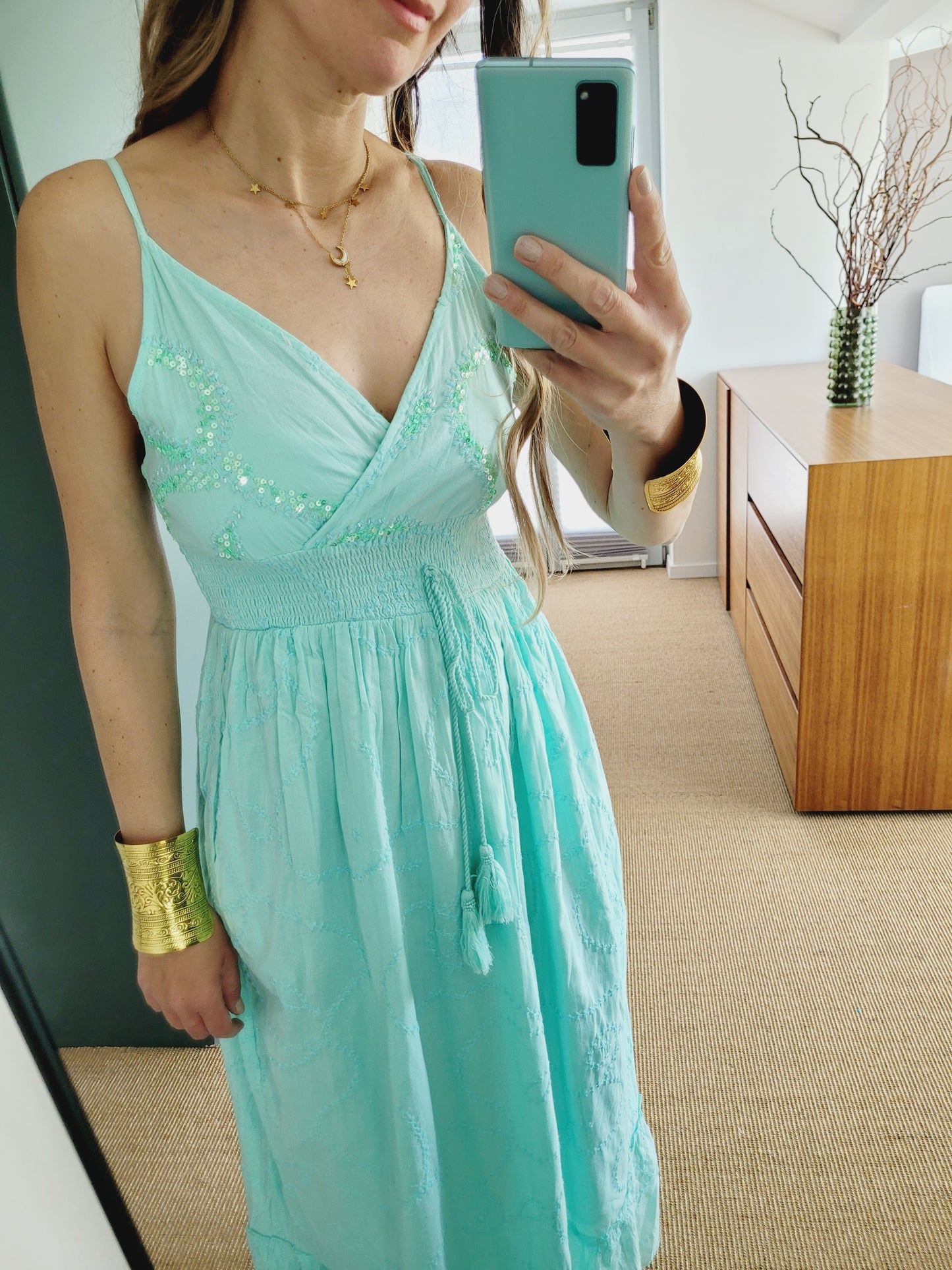 Boho Sommerkleid mit Pailletten – Baumwolle, Weiß/Aqua/Babyblau – Größen S bis XL