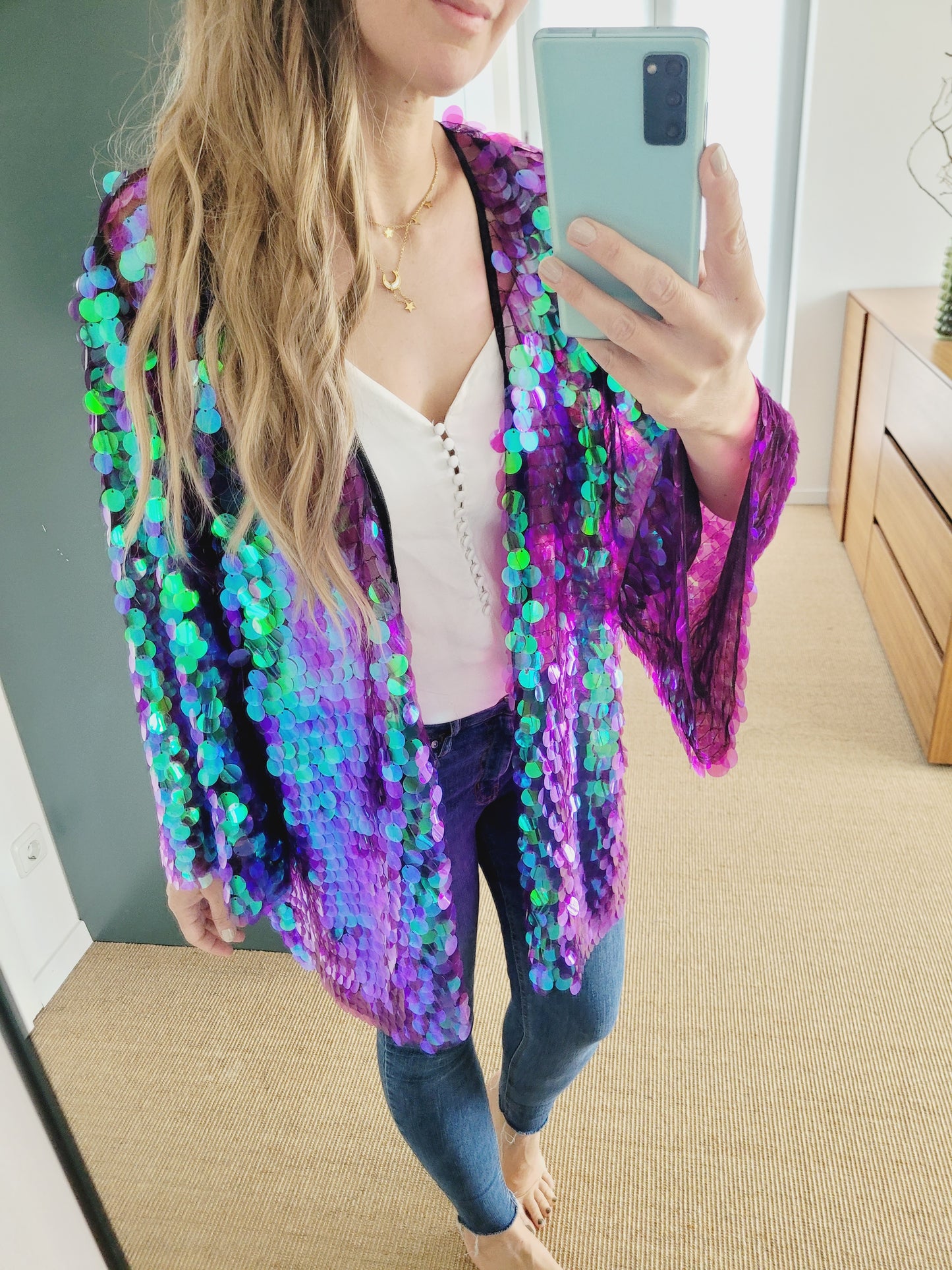 Unisex sequin kimono