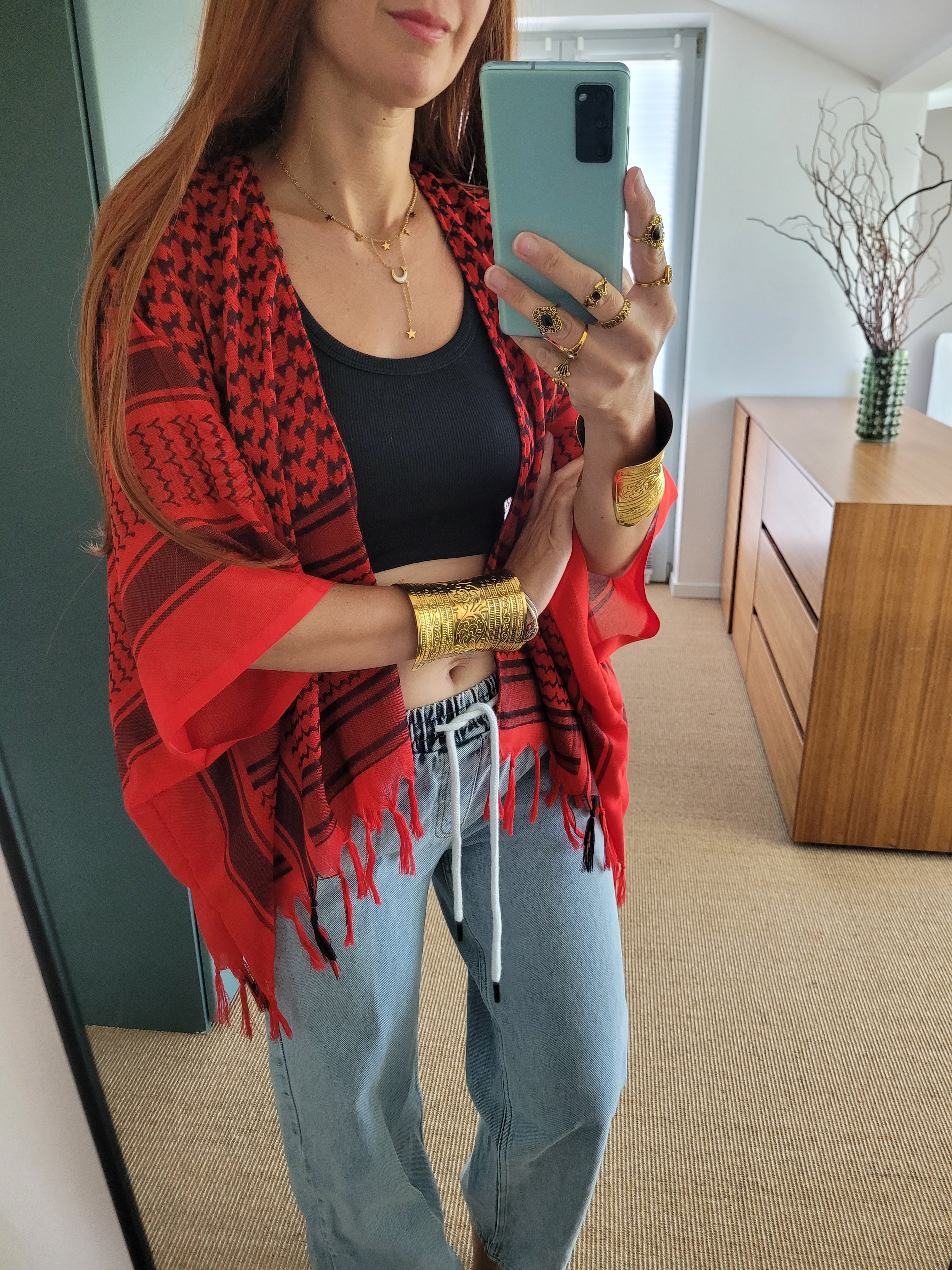 Unisex Palästina Print Langer Cardigan, Kuffiya Kimono