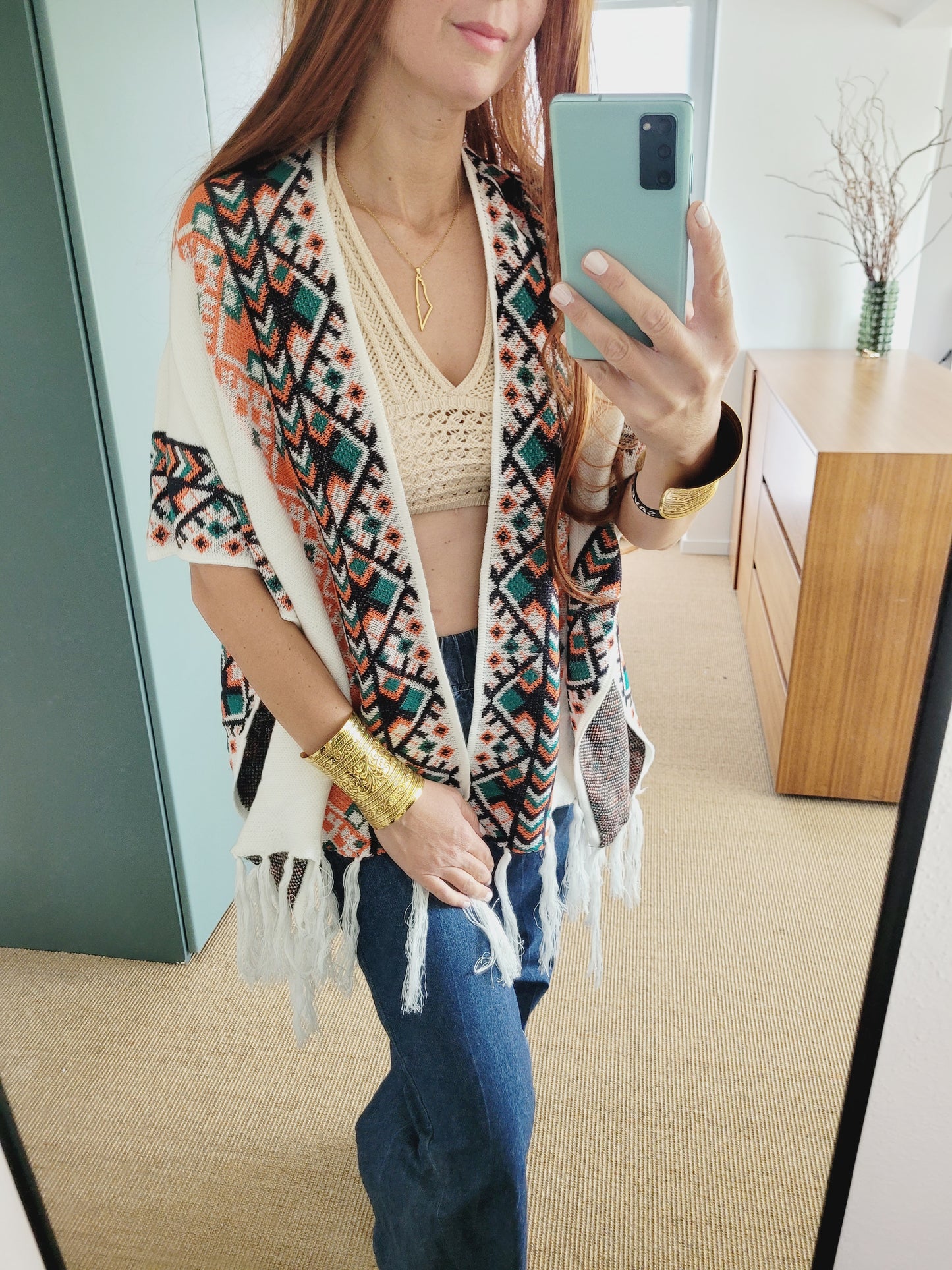 Ethno Muster Poncho – Weicher Überwurf, Onesize, Herbst/Winter – Boho Cape mit Fransen