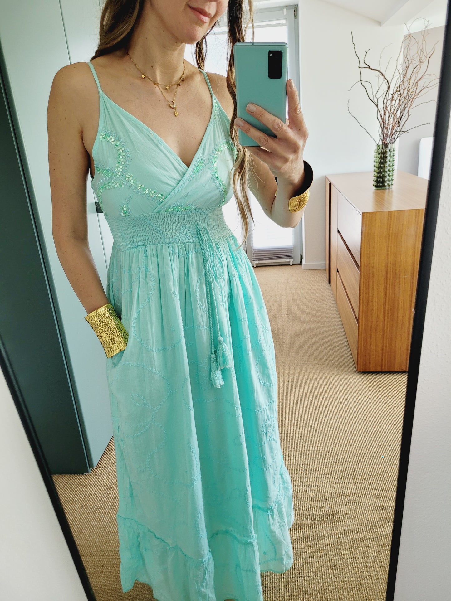 Boho Sommerkleid mit Pailletten – Baumwolle, Weiß/Aqua/Babyblau – Größen S bis XL