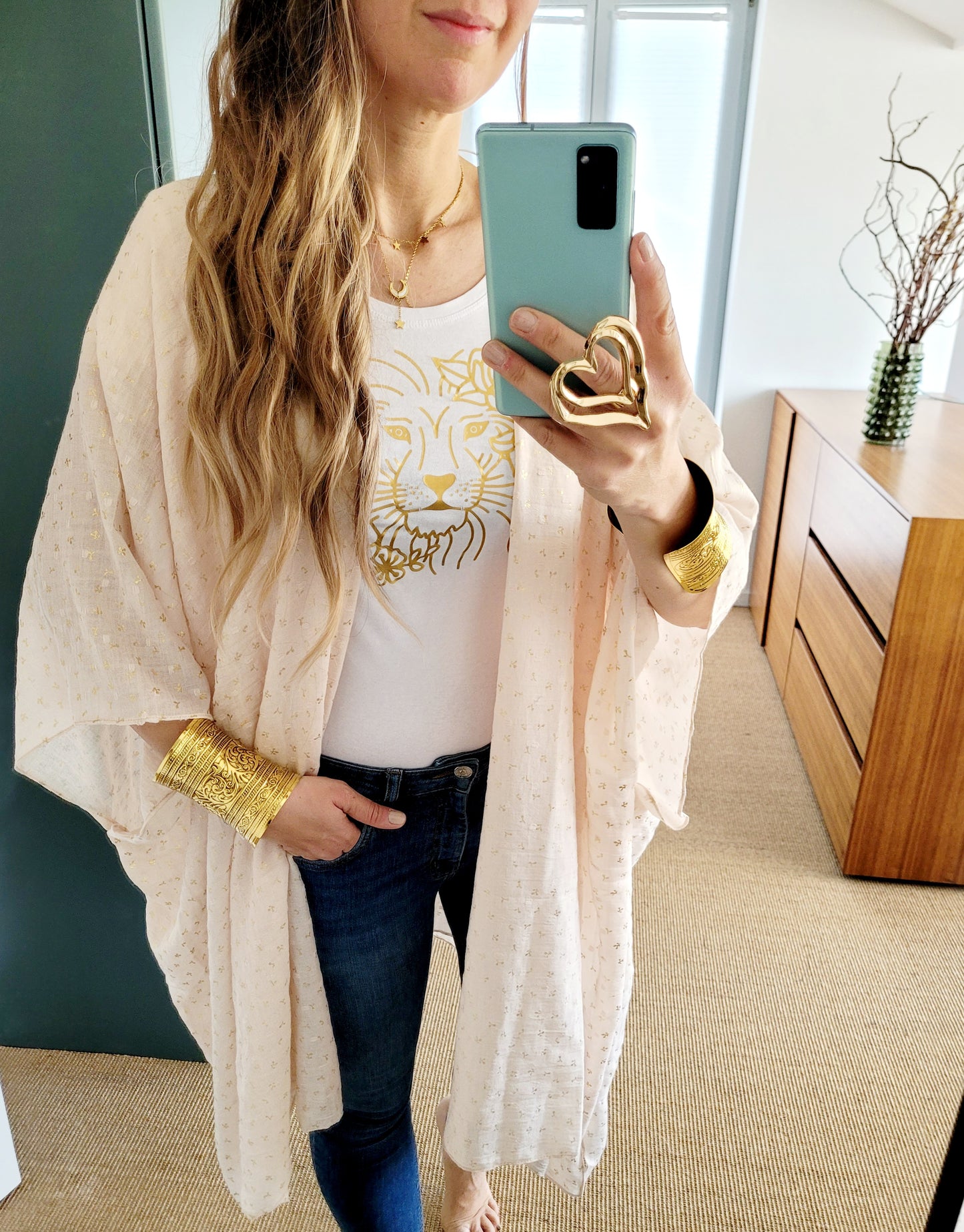 Boho Kimono Cardigan in Rost mit Goldprint – Leicht & Indisch inspiriert
