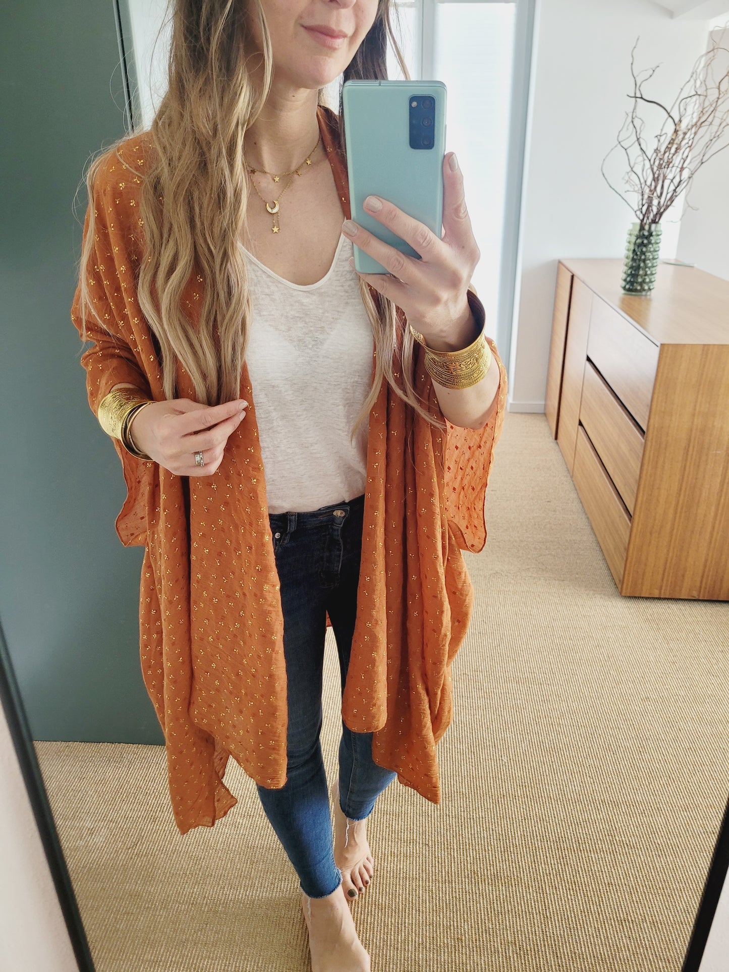 Boho Kimono Cardigan in Rost mit Goldprint – Leicht & Indisch inspiriert