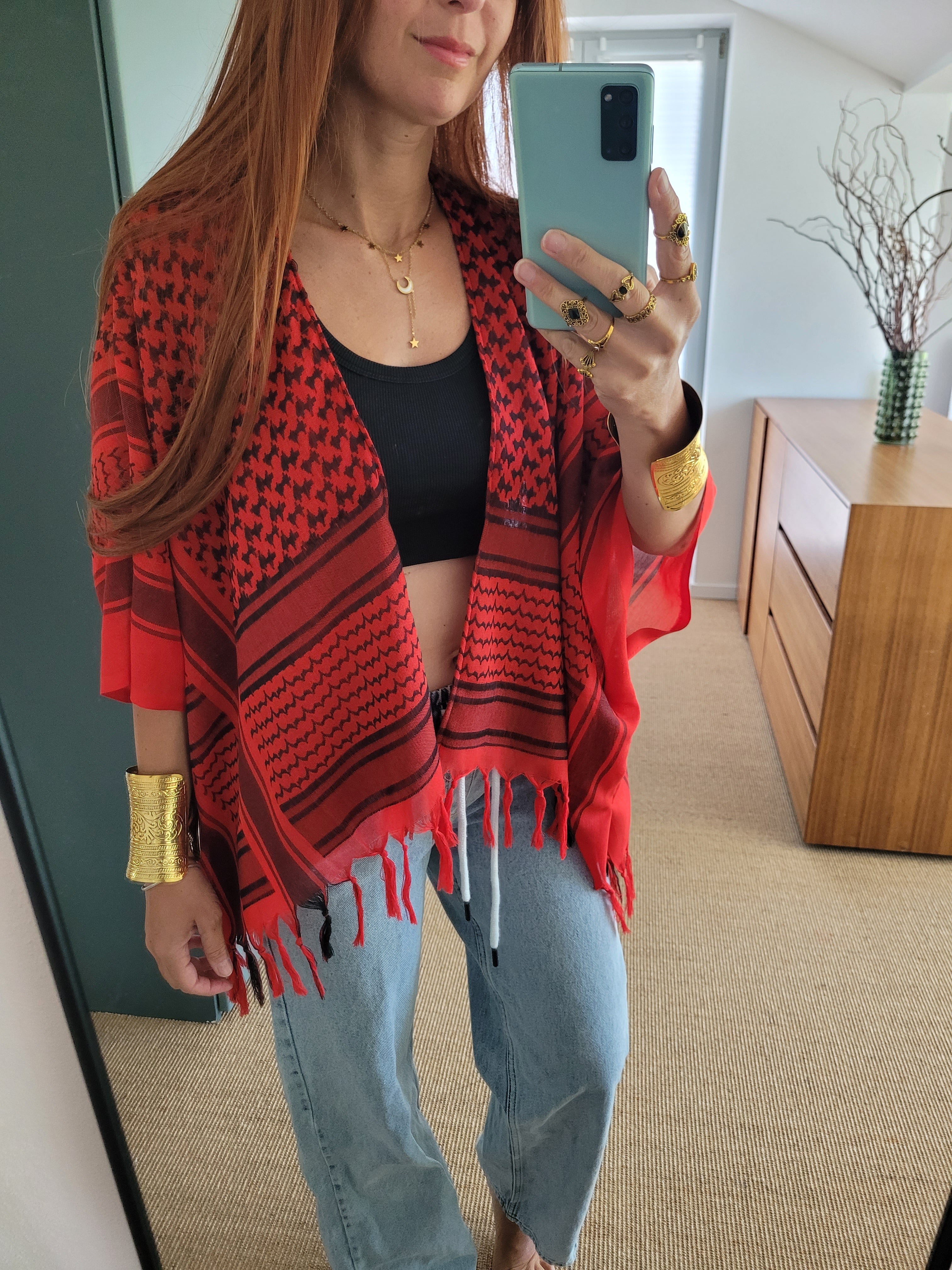 Unisex Palästina Print Langer Cardigan, Kuffiya Kimono
