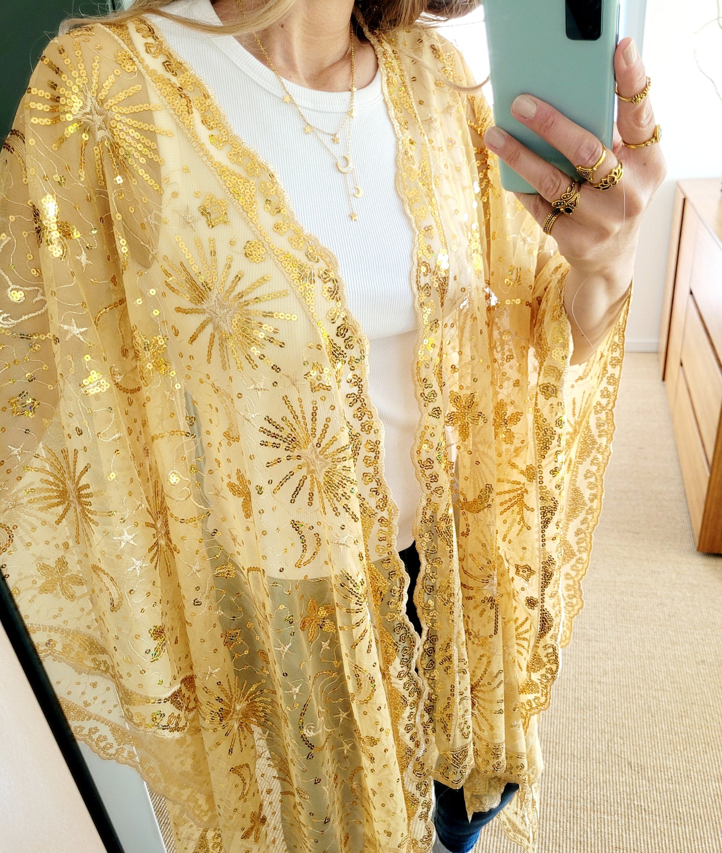 Celestial Glitzer Kimono – gold Sequin Boho Cardigan