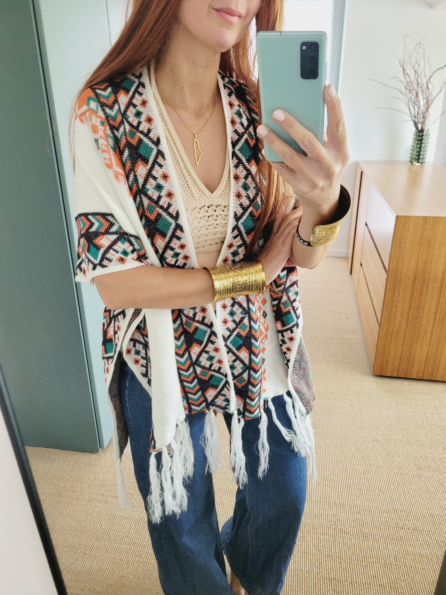 Ethno Muster Poncho – Weicher Überwurf, Onesize, Herbst/Winter – Boho Cape mit Fransen