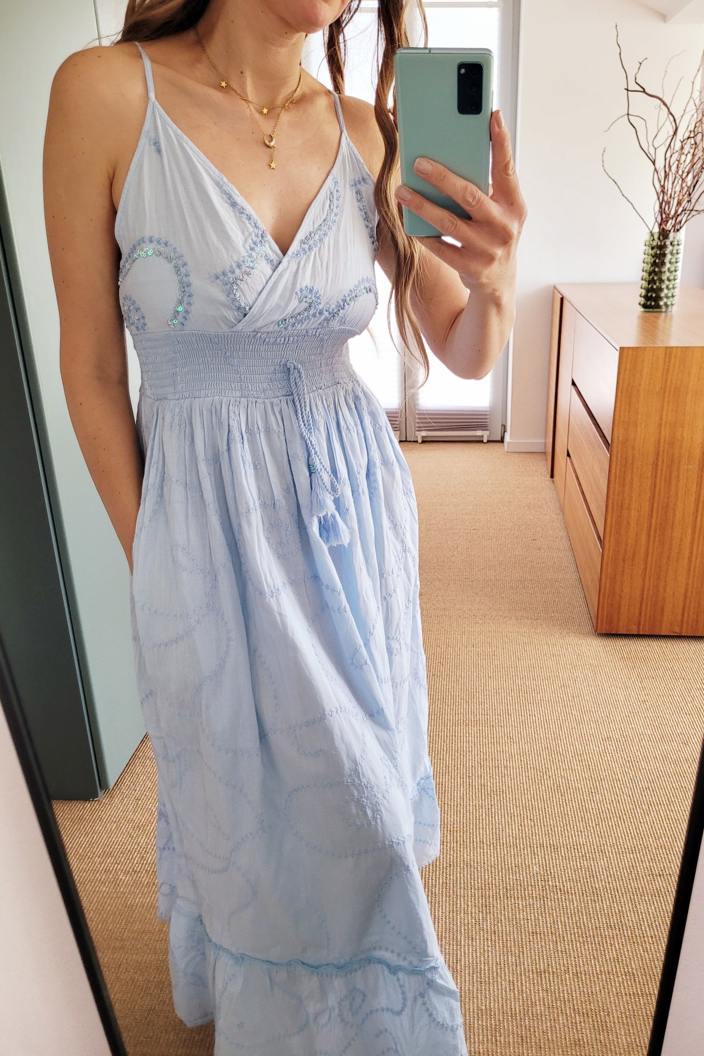 Boho Sommerkleid mit Pailletten – Baumwolle, Weiß/Aqua/Babyblau – Größen S bis XL