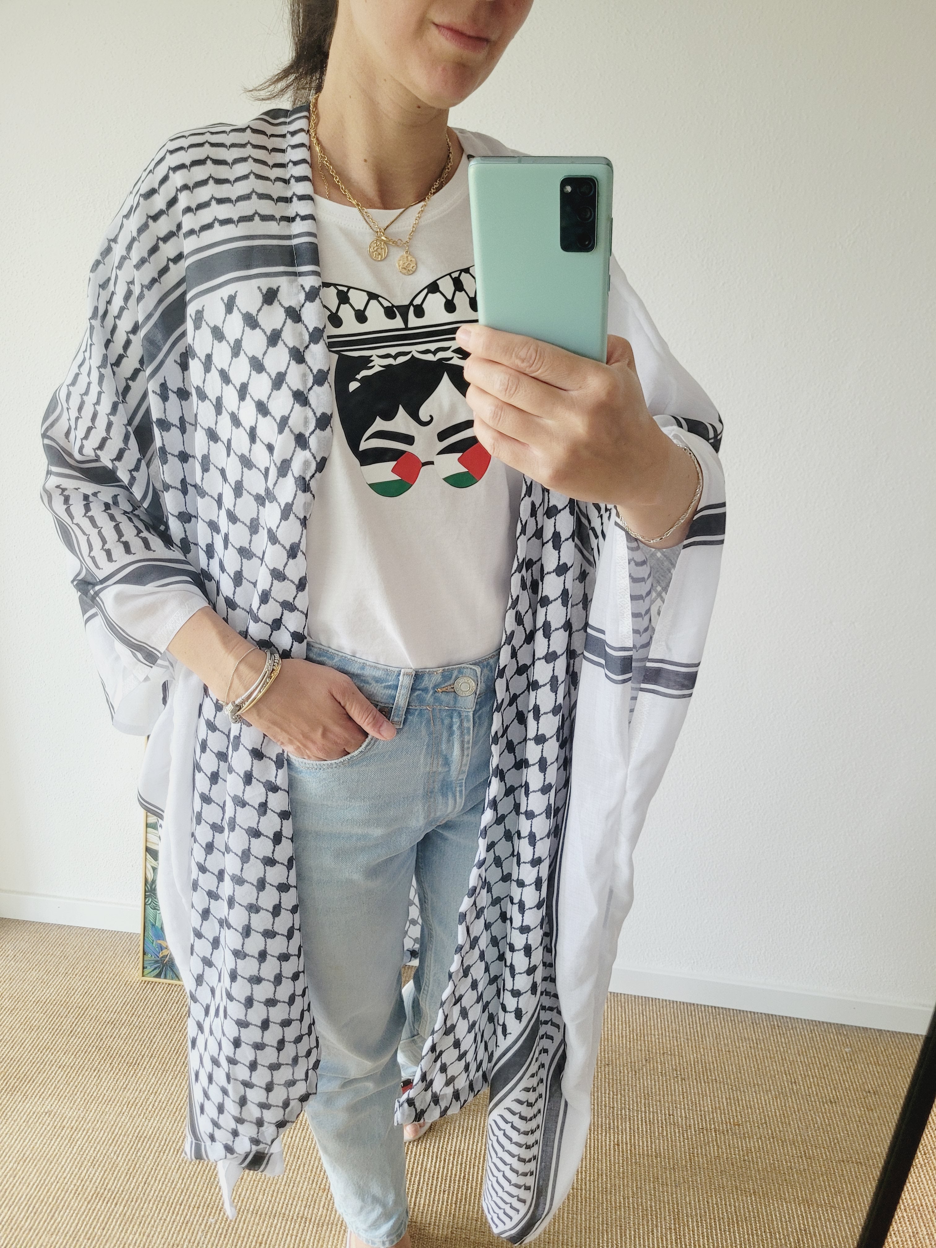 Unisex Palästina Print Langer Cardigan, Kuffiya Kimono