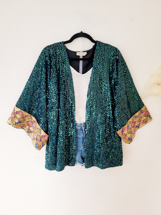 Unisex customized pink sequin velvet cardigan, oversized party jacket, green glittery blazer, plus size sequin cardigan with Indian trim