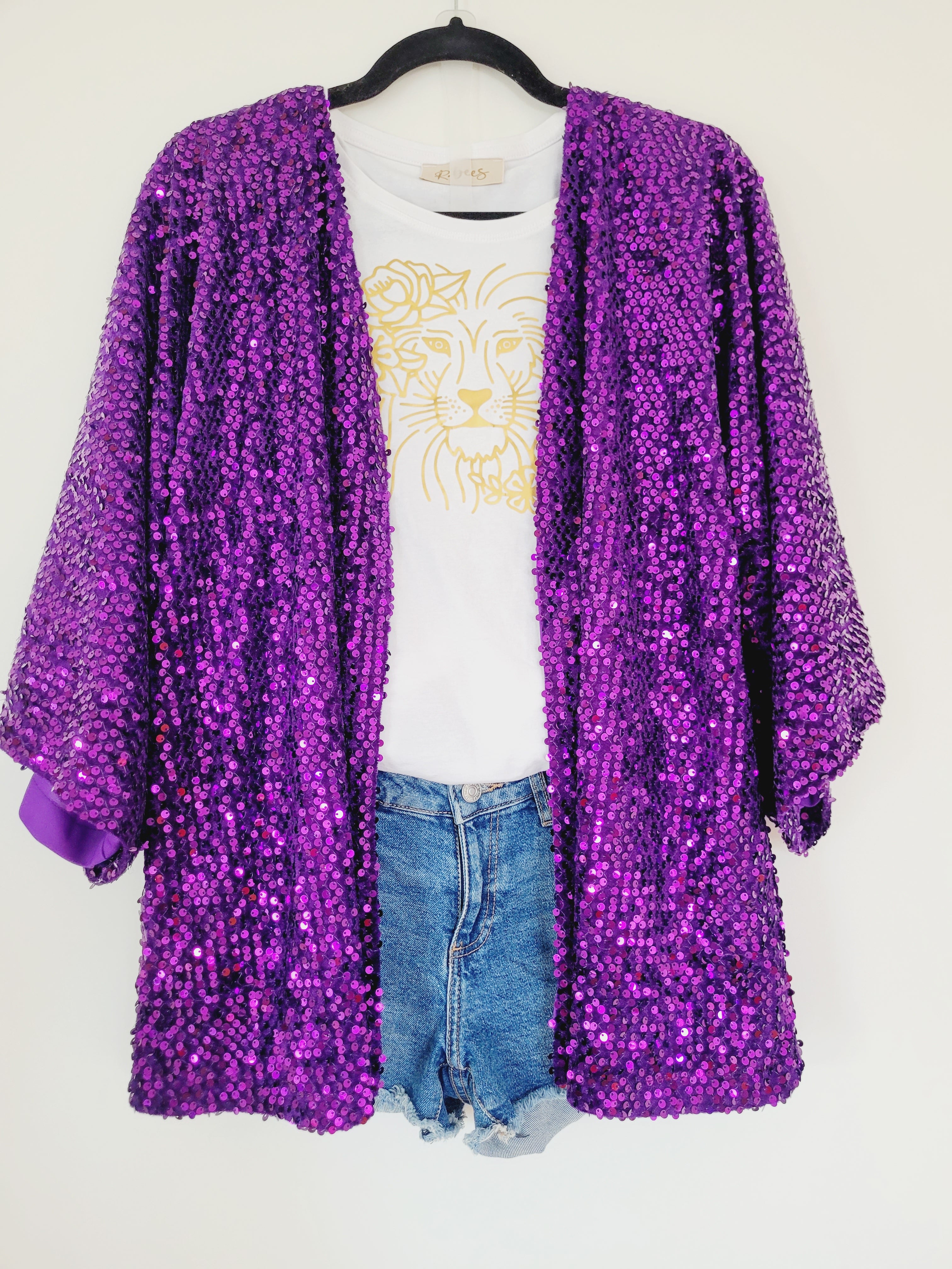 Customized purple sequin velvet cardigan, sparkly cardigan ladies, short bling gold jacket, glittery blazer, plus size gold sparkle cardigan