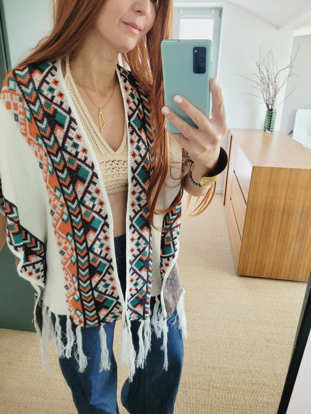 Ethno Muster Poncho – Weicher Überwurf, Onesize, Herbst/Winter – Boho Cape mit Fransen