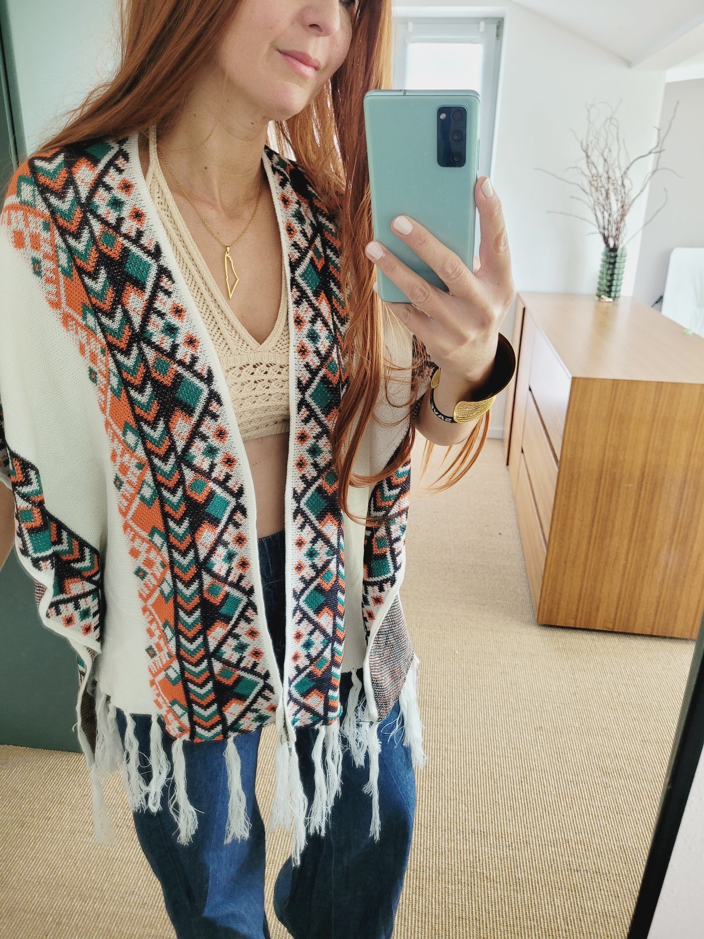 Ethno Muster Poncho – Weicher Überwurf, Onesize, Herbst/Winter – Boho Cape mit Fransen