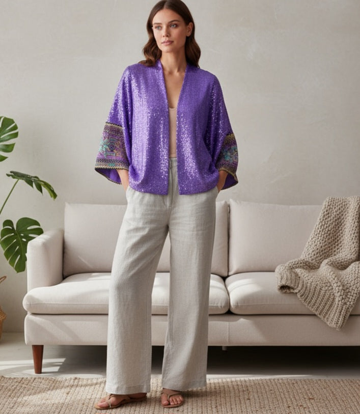 Customized handmade Purple Sequin Kimono Jacket