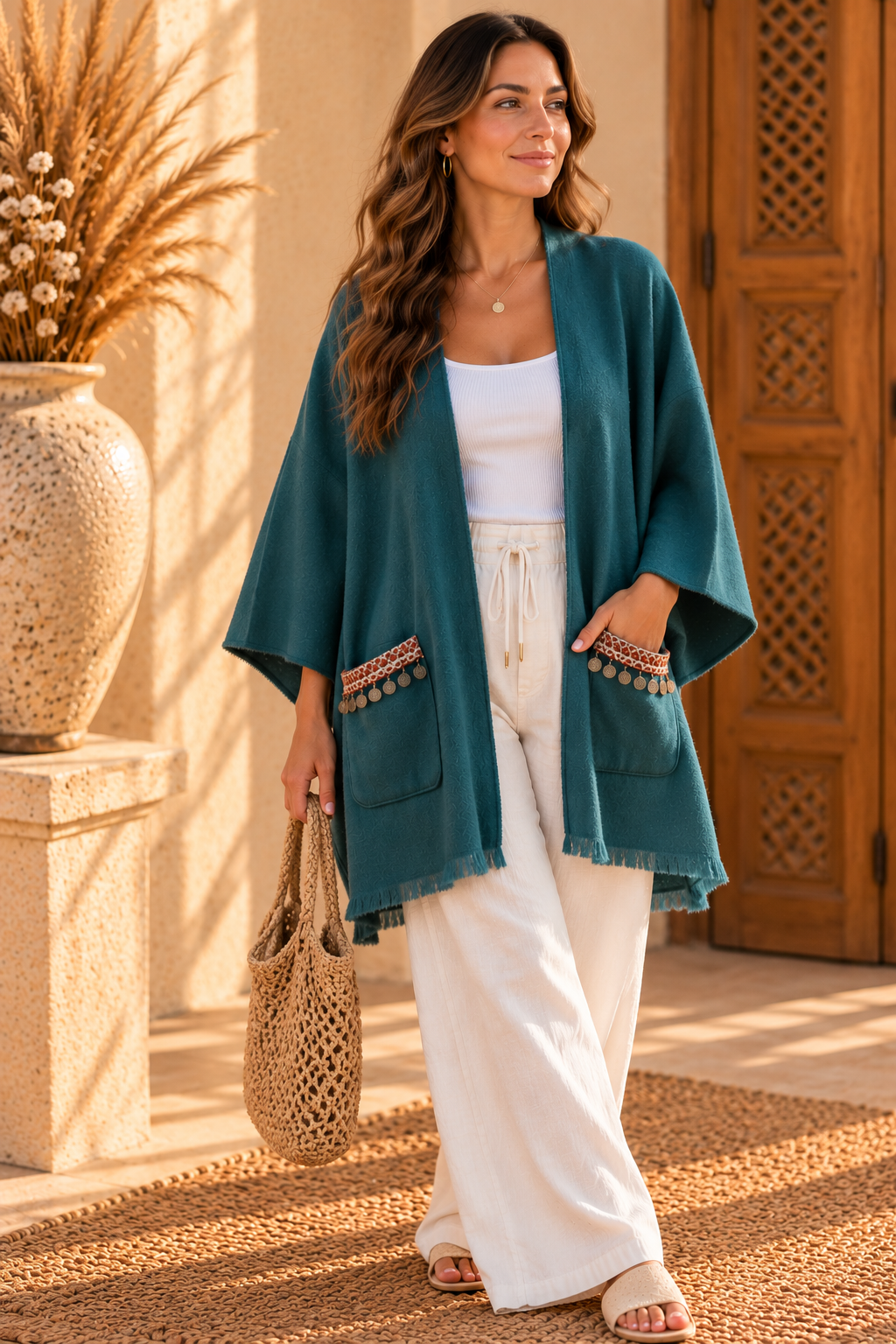 Boho Poncho Cardigan, Ethnic Trim Cape, Oversized Boho Jacket, Fringe Cardigan, Plus Size Outerwear