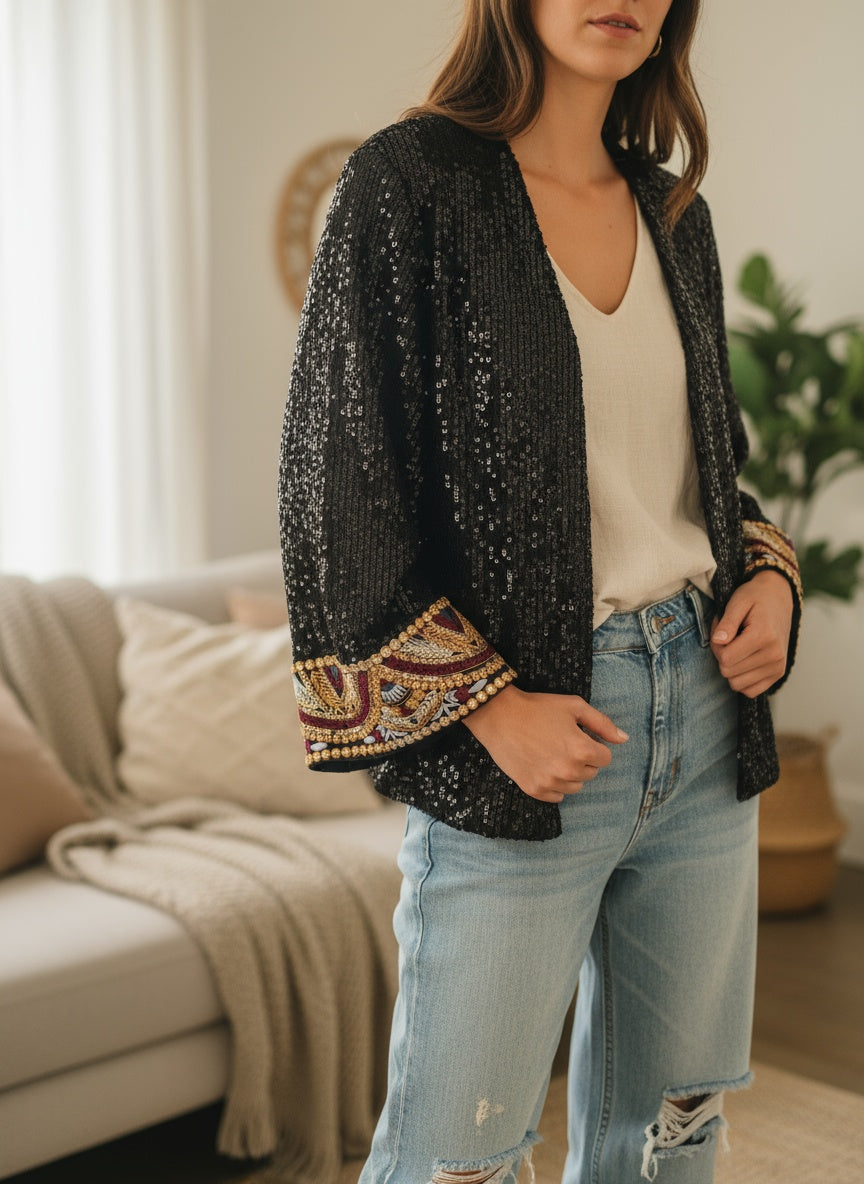 schwarze Pailletten Jacke mit gold-burgunder Boho-Bordüre