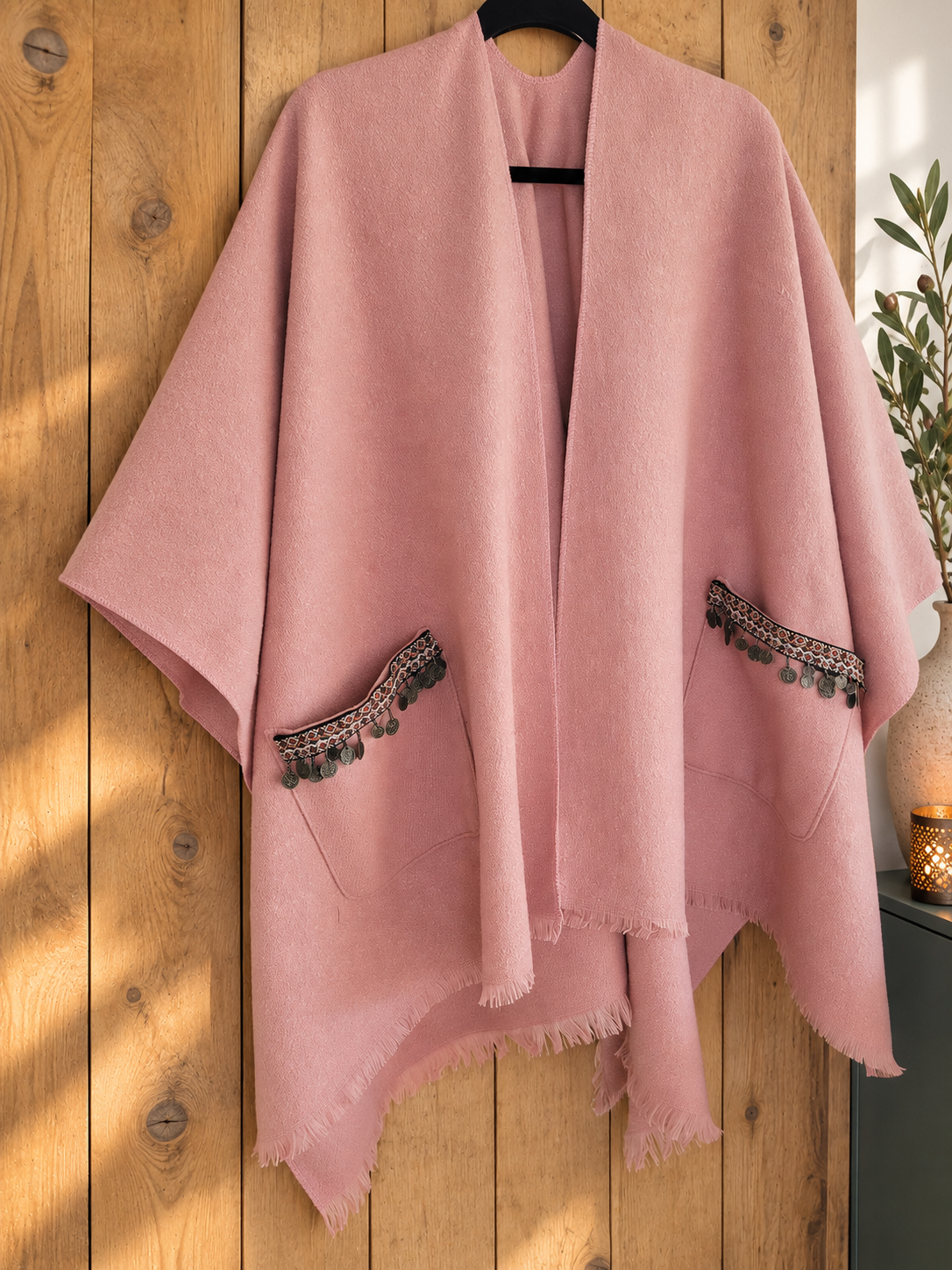 Boho Poncho Cardigan, Ethnic Trim Cape, Oversized Boho Jacket, Fringe Cardigan, Plus Size Outerwear