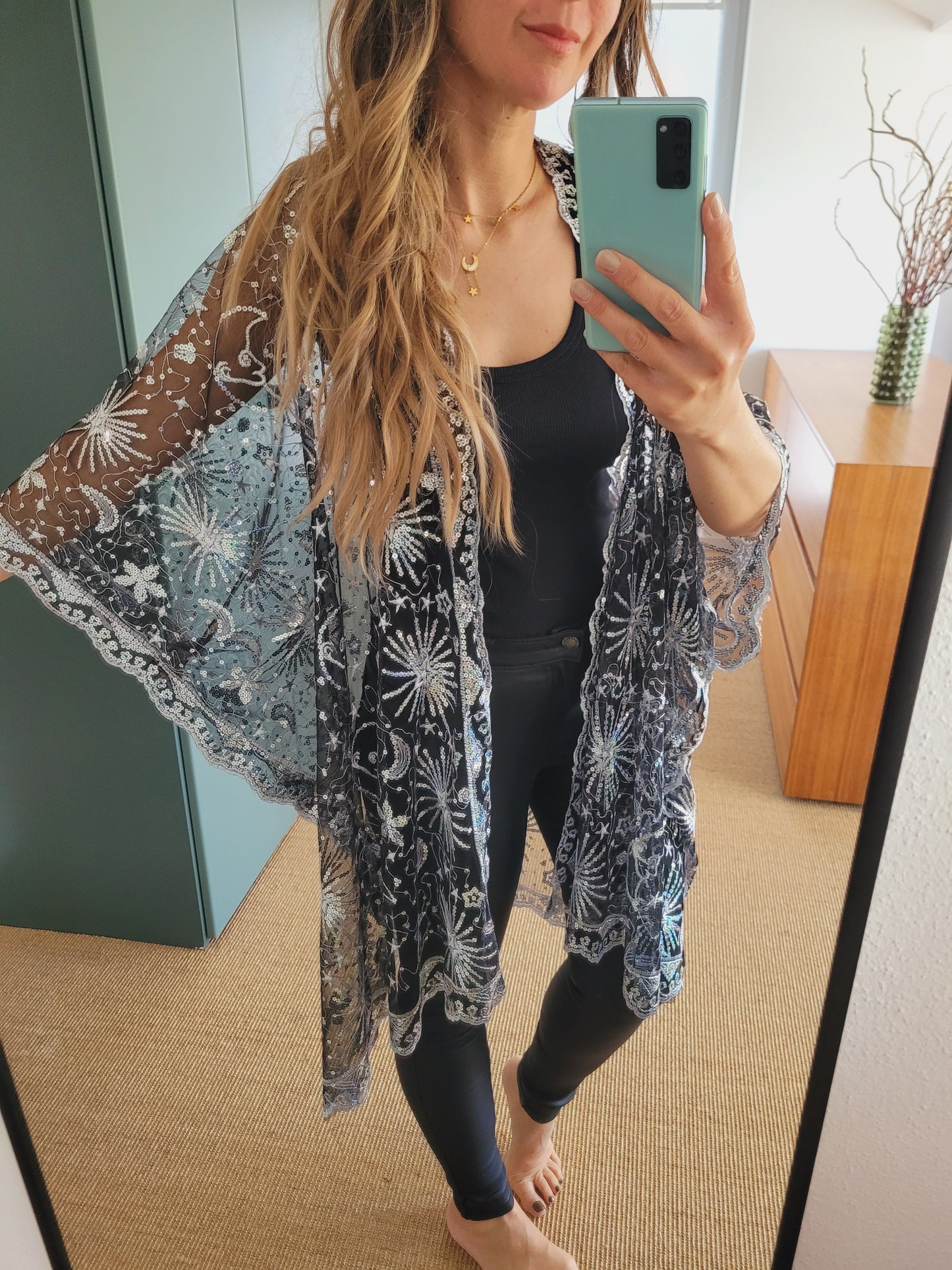 Celestial Glitzer Kimono – gold Sequin Boho Cardigan