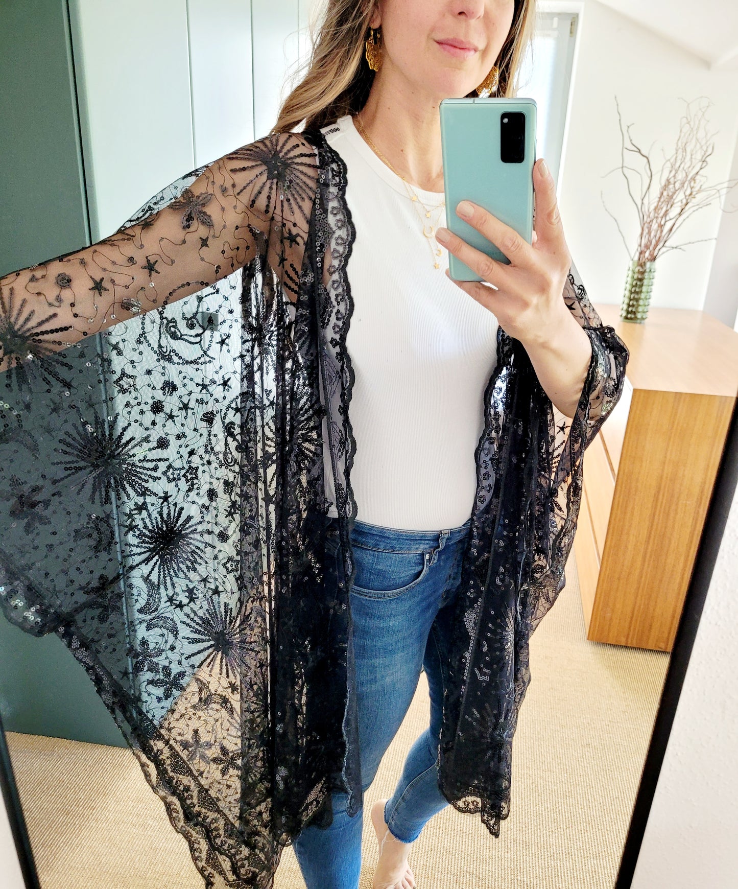 Celestial Glitzer Kimono – gold Sequin Boho Cardigan