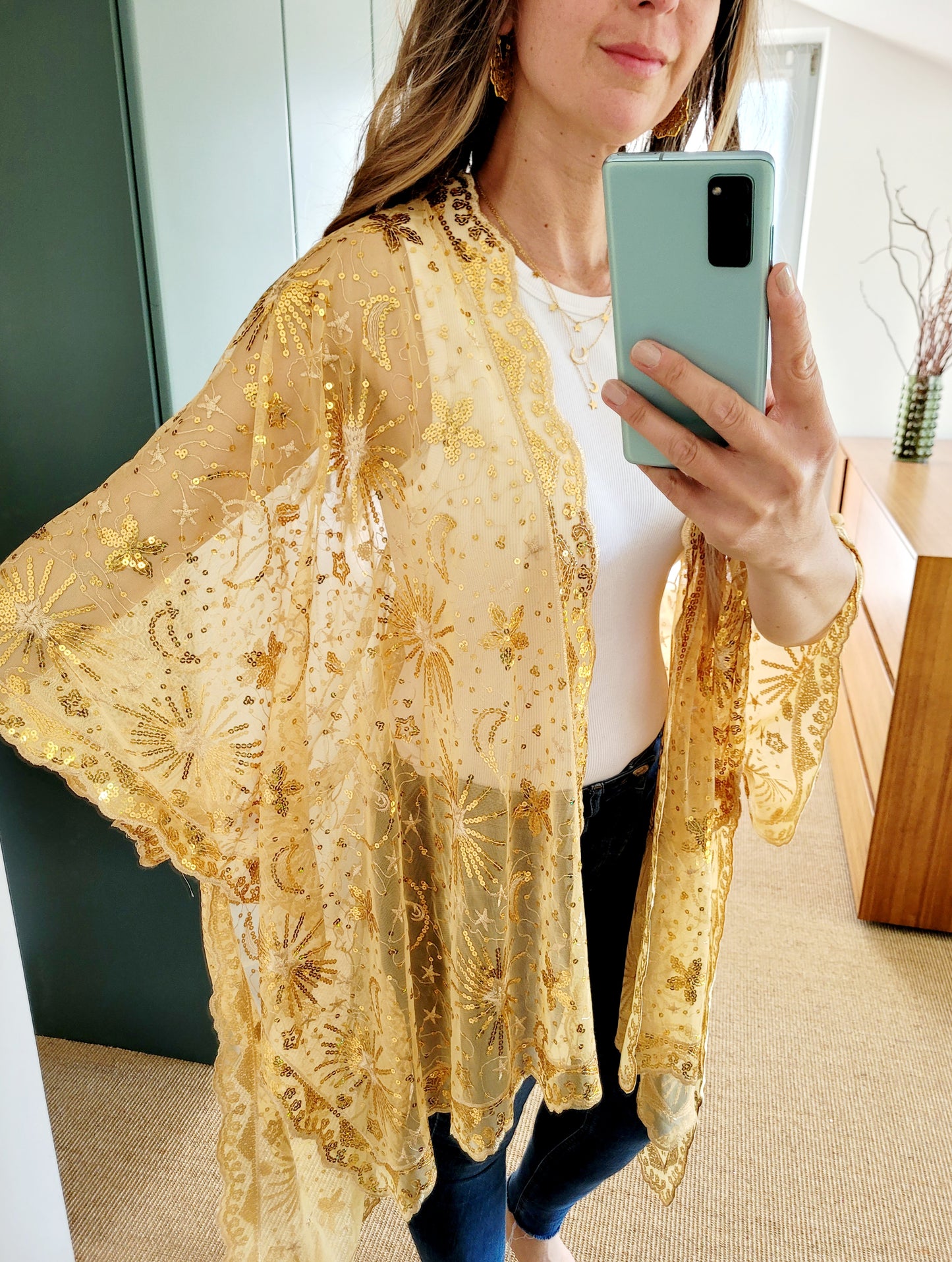 Celestial Glitzer Kimono – gold Sequin Boho Cardigan