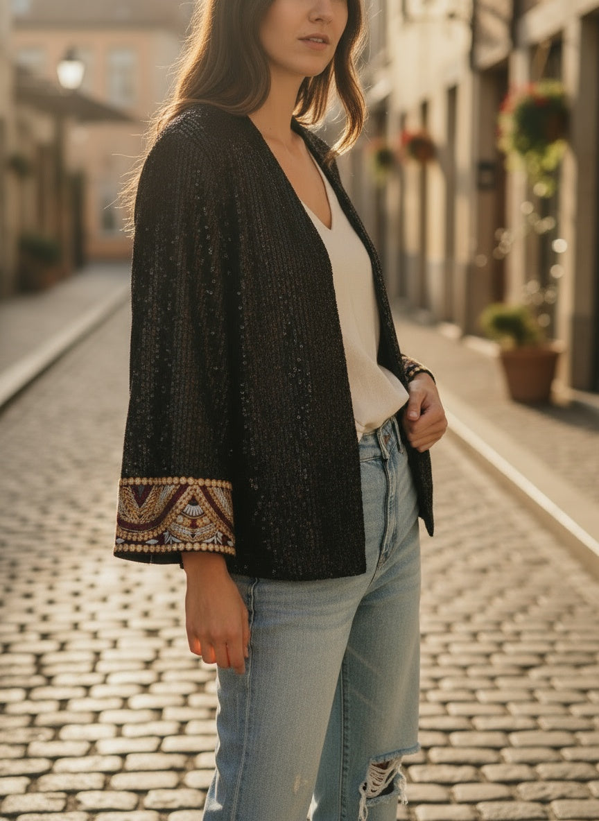 schwarze Pailletten Jacke mit gold-burgunder Boho-Bordüre