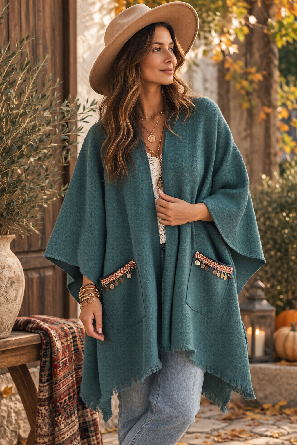 Boho Poncho Cardigan, Ethnic Trim Cape, Oversized Boho Jacket, Fringe Cardigan, Plus Size Outerwear