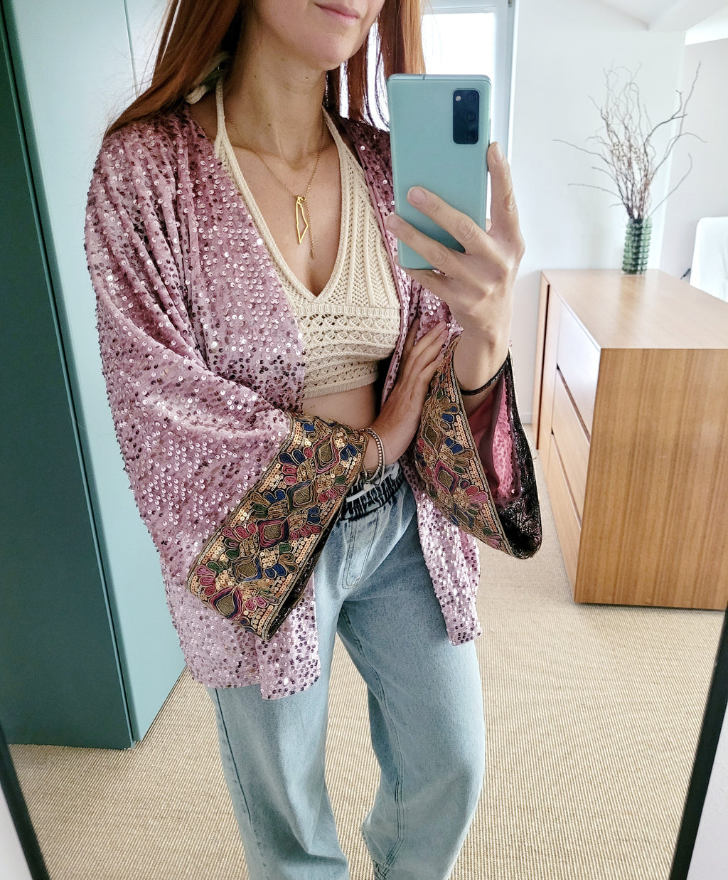 Unisex customized pink sequin velvet cardigan, oversized party jacket, green glittery blazer, plus size sequin cardigan with Indian trim