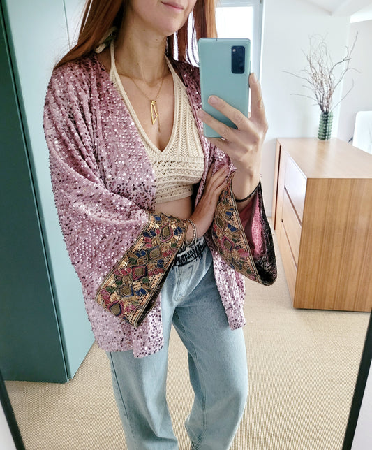 Unisex customized pink sequin velvet cardigan, oversized party jacket, green glittery blazer, plus size sequin cardigan with Indian trim
