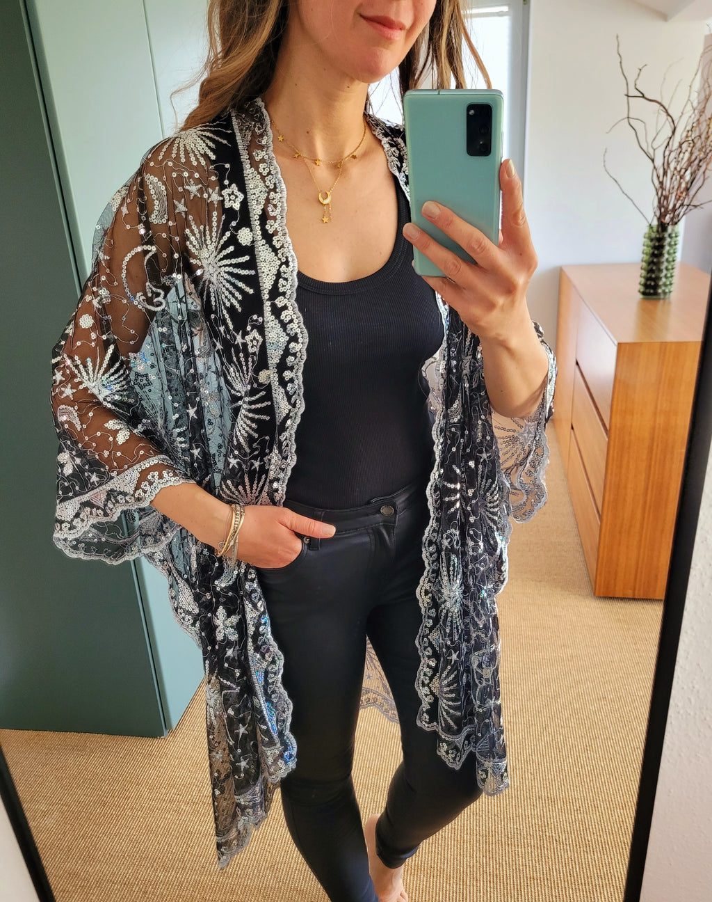 Celestial Glitzer Kimono – gold Sequin Boho Cardigan