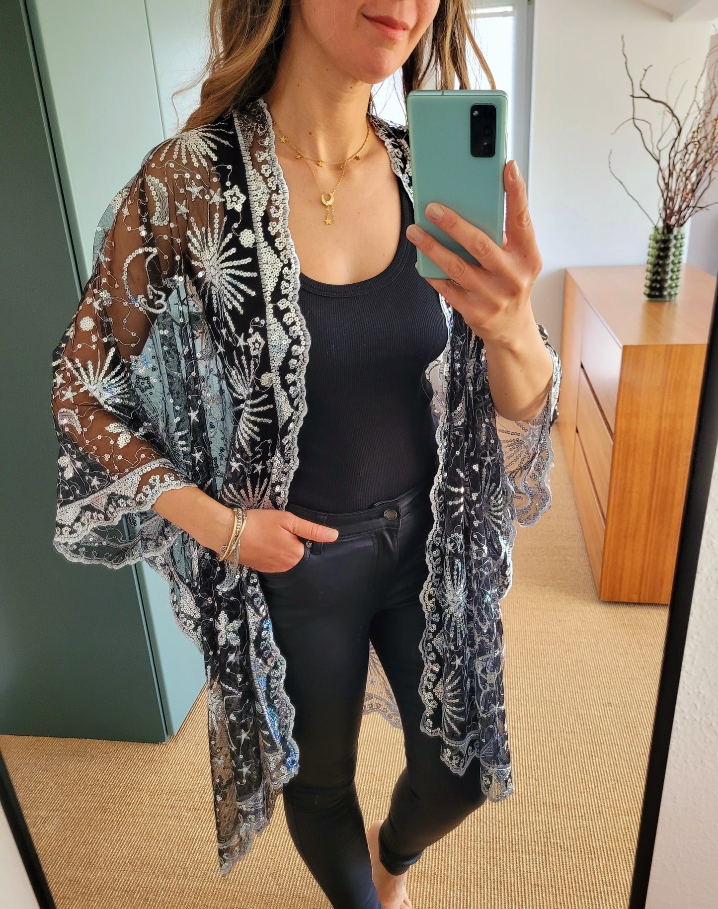 Celestial Glitzer Kimono – gold Sequin Boho Cardigan