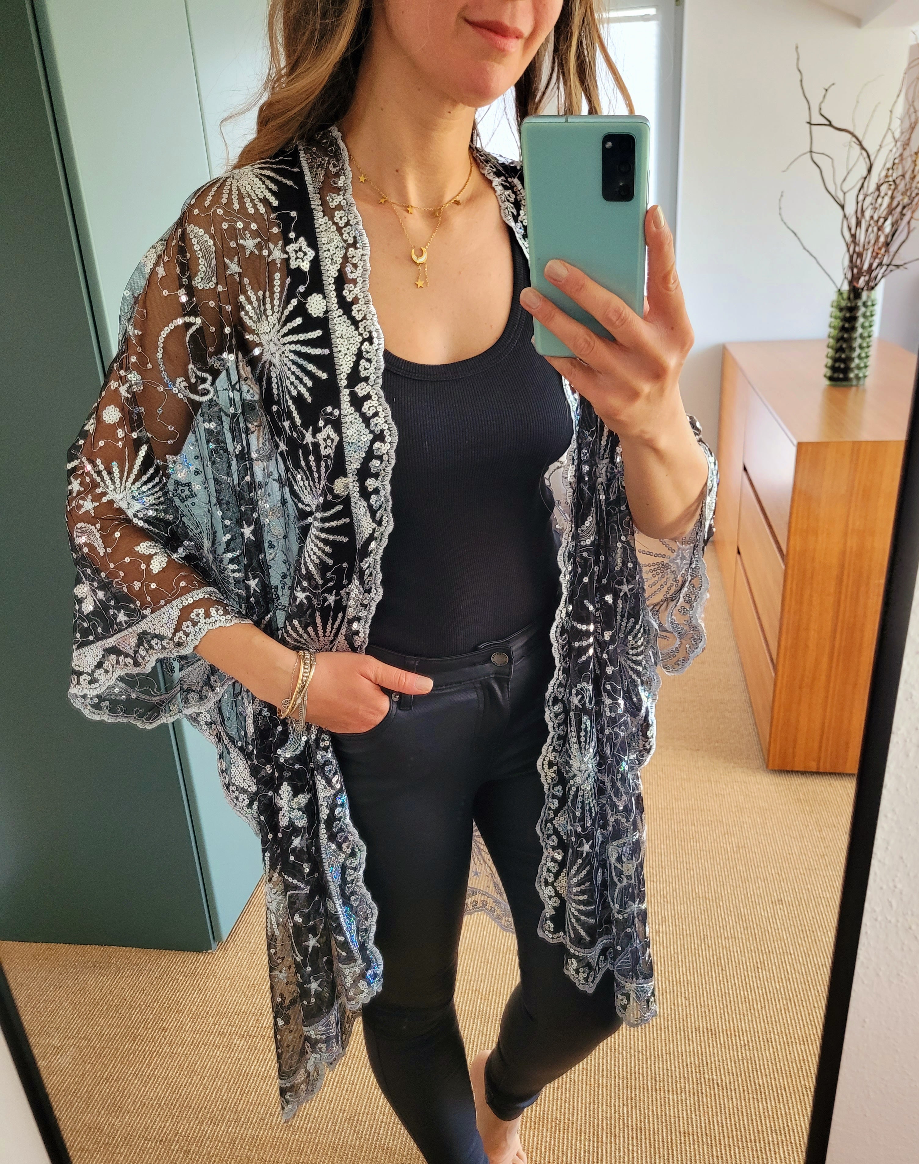 Celestial Glitzer Kimono – gold Sequin Boho Cardigan