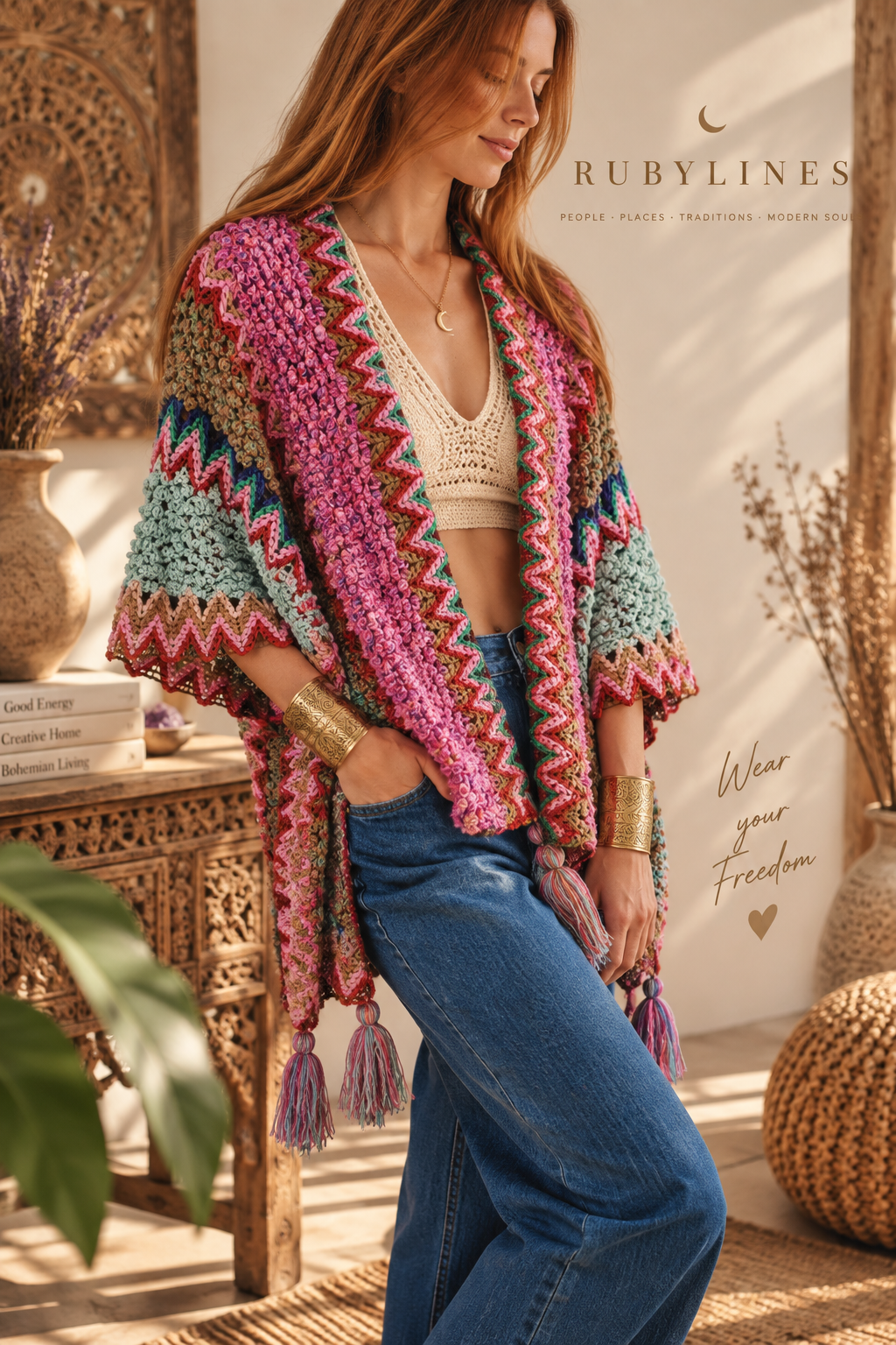 Boho Strickponcho – Handgehäkelt Look, Onesize, Kuschelig & Warm – Herbst & Winter Cape mit Fransen