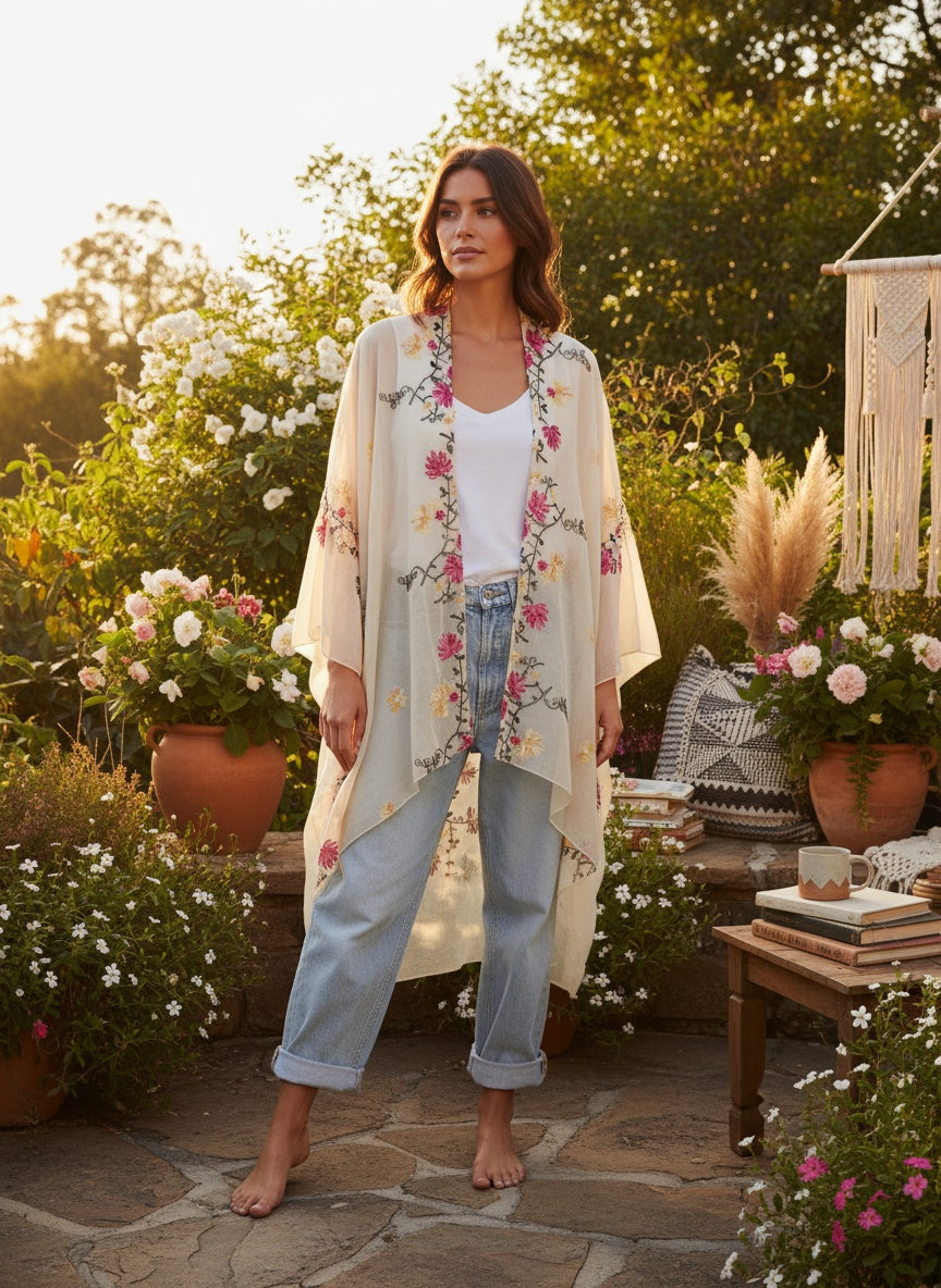 Boho Kimono mit Blumenstickerei